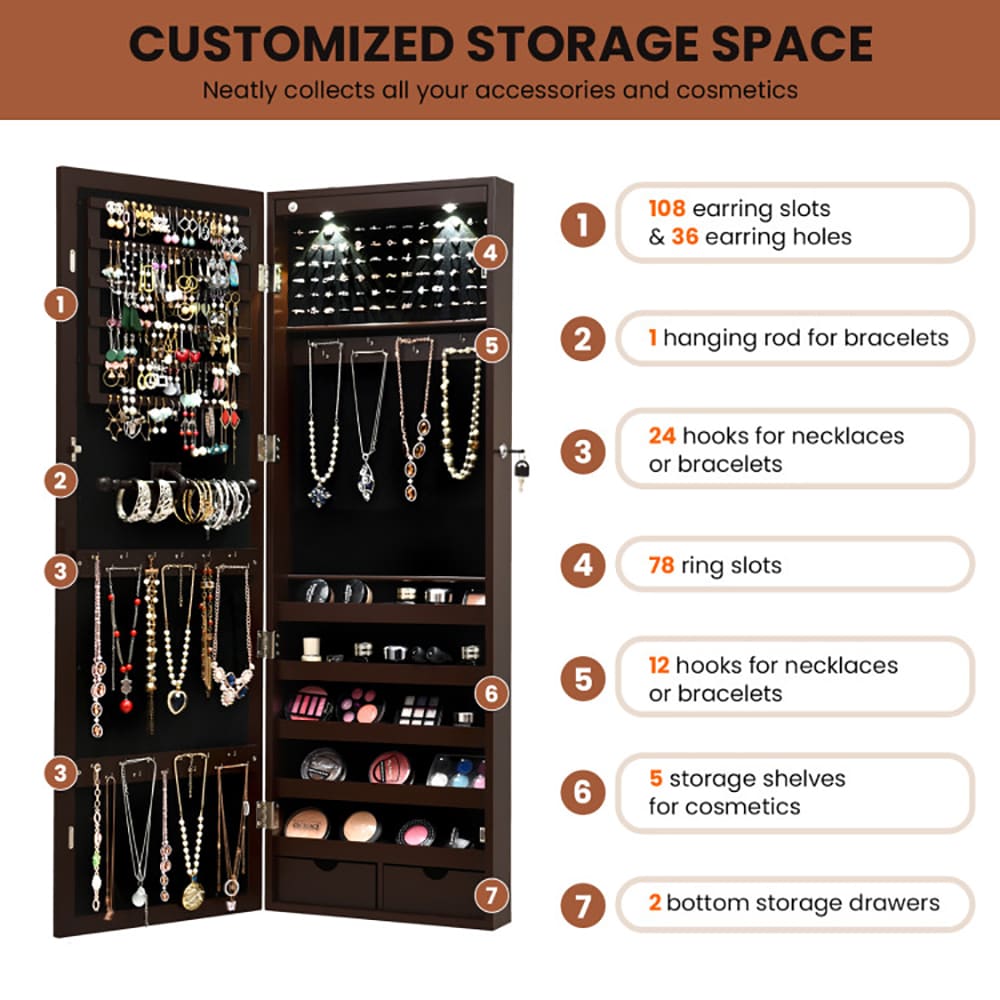Lockable Wall Mount Mirrored Jewelry Cabinet With LED Lights_voghion.com