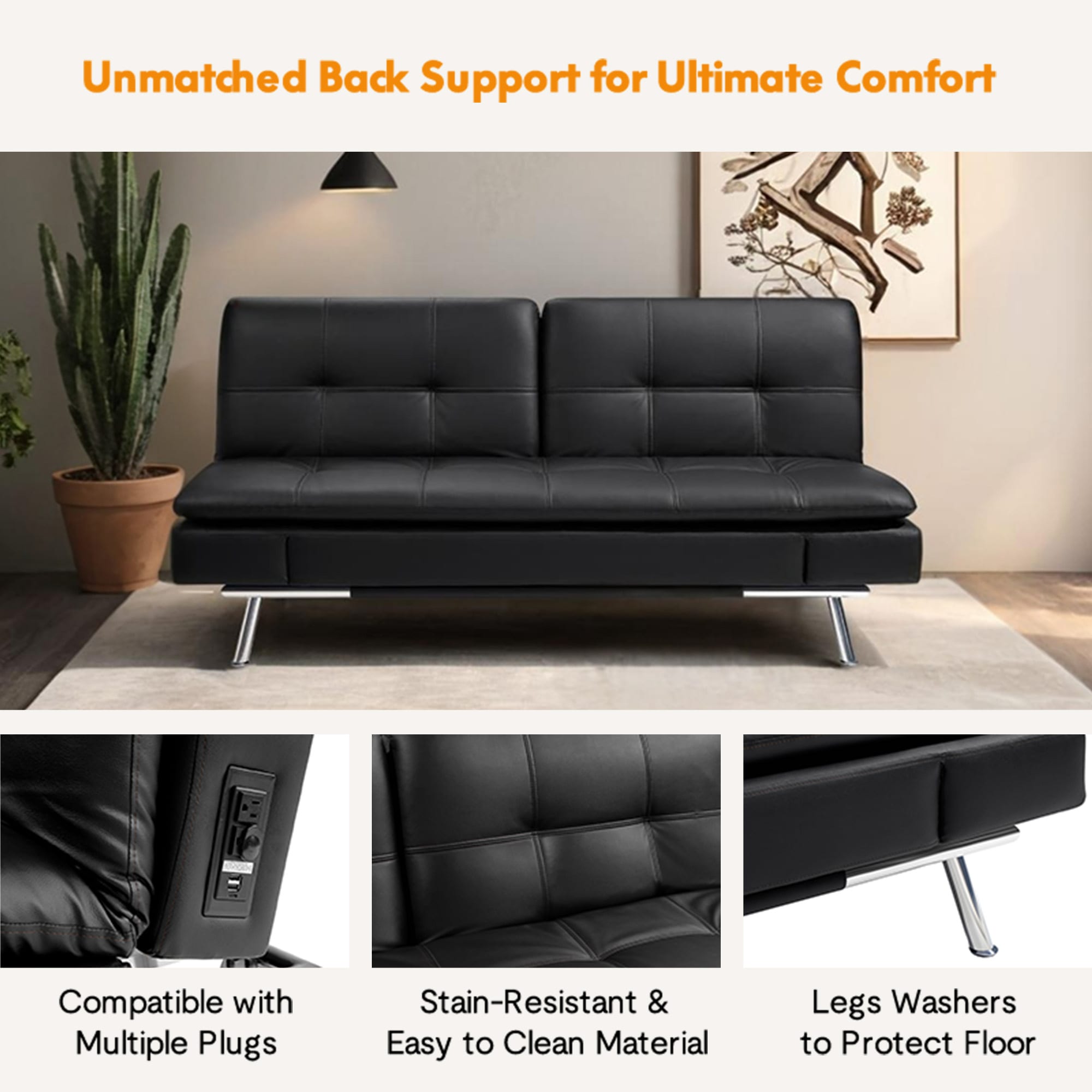 Folding Futon Sofa Bed for Living Room-Black Folding Futon Sofa Bed for Living Room-Black