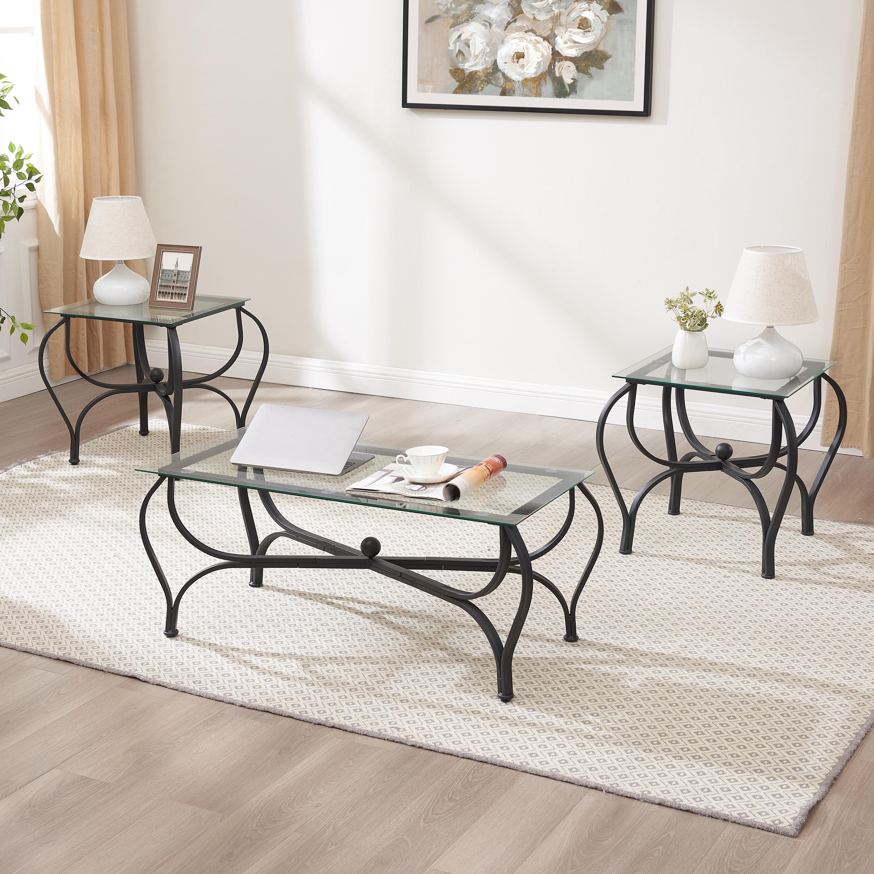 3-Piece Tempered Glass Coffee Table Set,with 1 Coffee Table & 2 End Side Table for Living Roomwhite icon
3-Piece Tempered Glass Coffee Table Set,with 1 Coffee Table & 2 End Side Table for Living Roomwhite icon