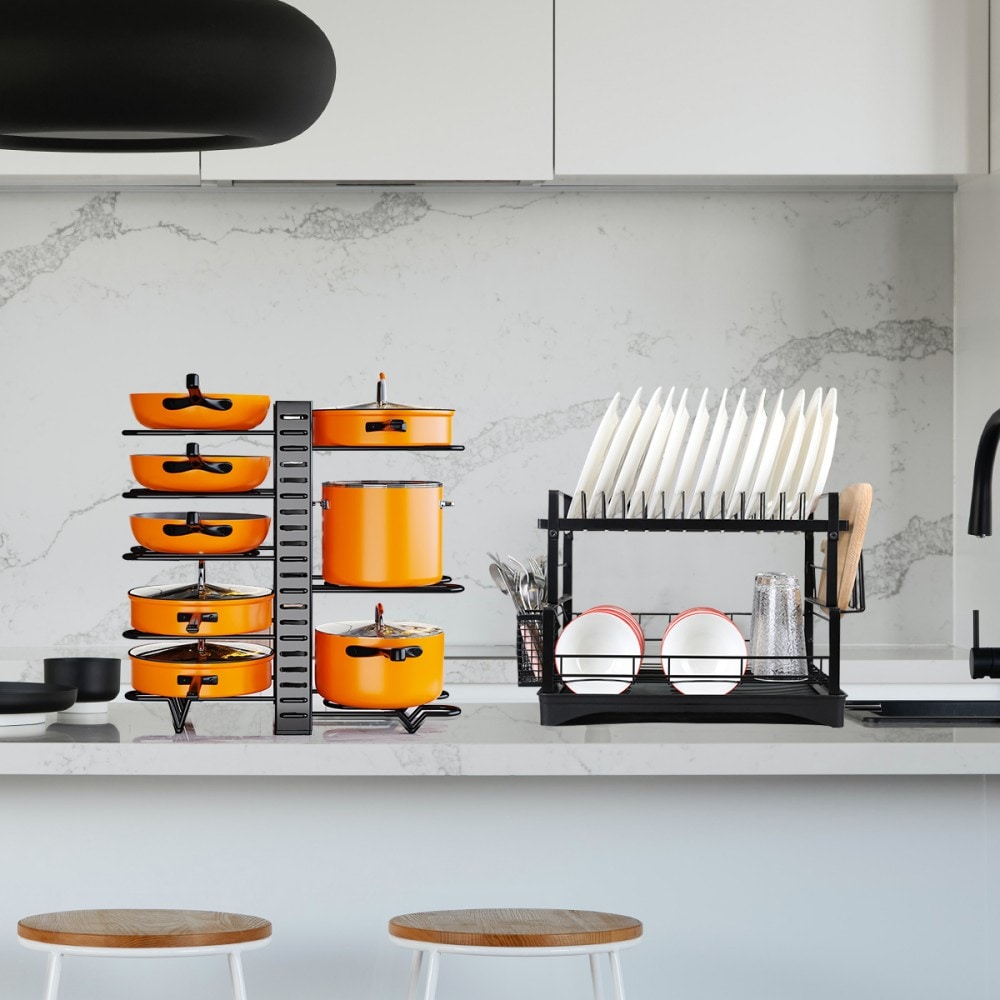 8 Tier Pot And Pan Organizer Rack For Cabinet With 3 DIY Methods, Adjustable Organizer For Pots, Pans And Lids With Utensil Holders_voghion.com