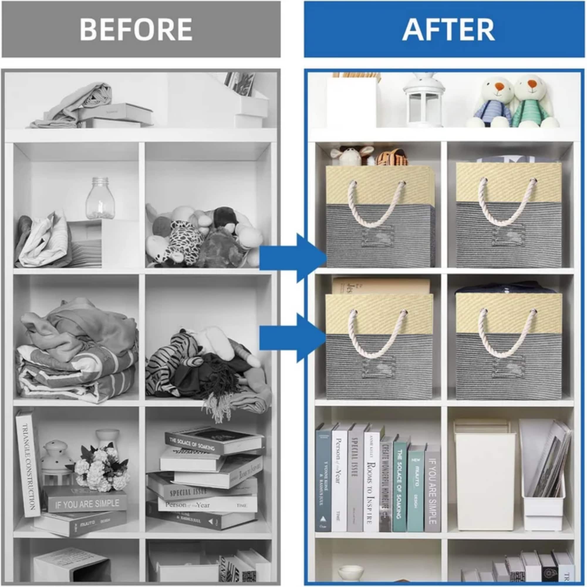 12" Foldable Storage Bins, 4 Piece Set Fabric Closet Drawers Organizer With Cotton Handles For Organizing Shelf Cabinet, Gray_voghion.com