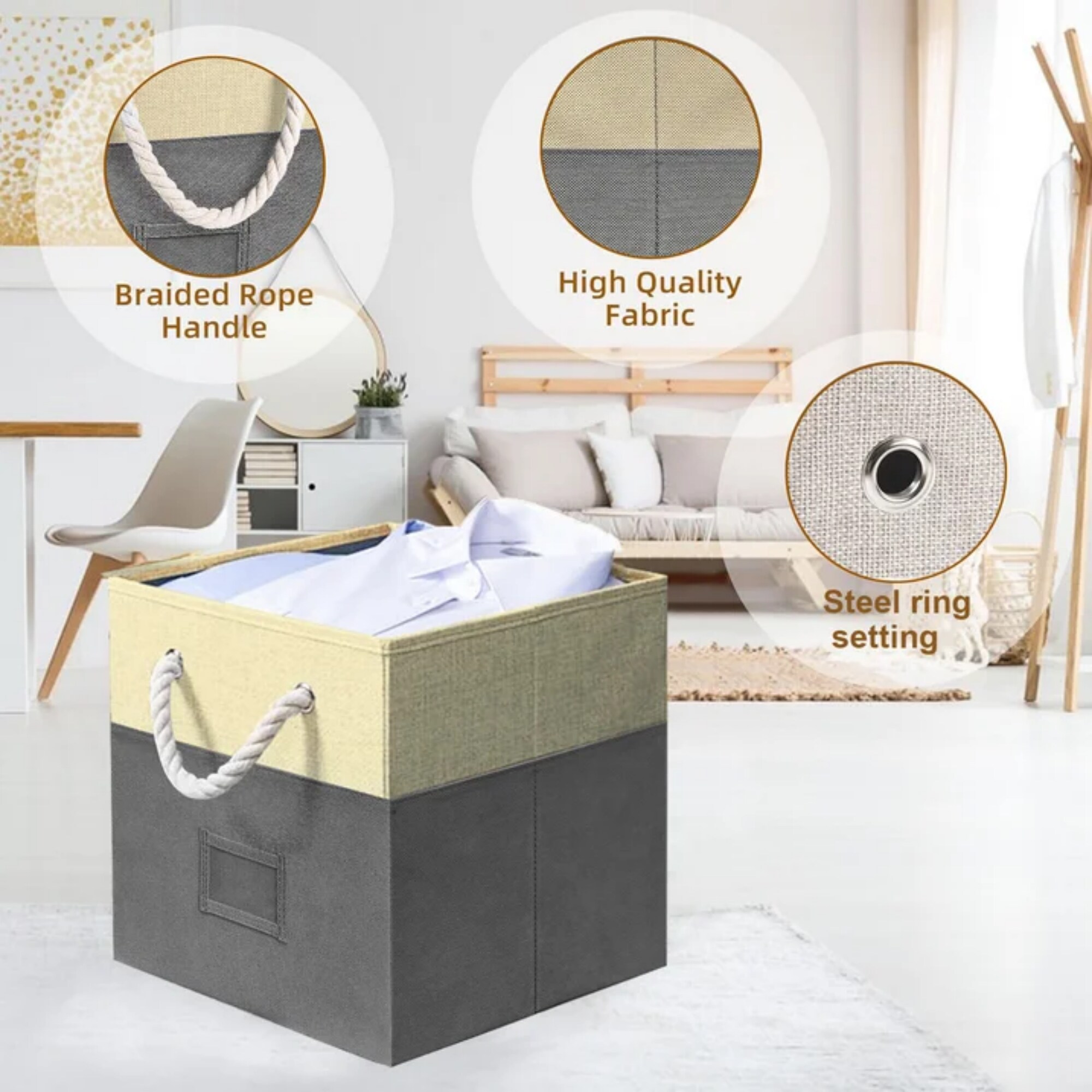 12" Foldable Storage Bins, 4 Piece Set Fabric Closet Drawers Organizer With Cotton Handles For Organizing Shelf Cabinet, Gray_voghion.com