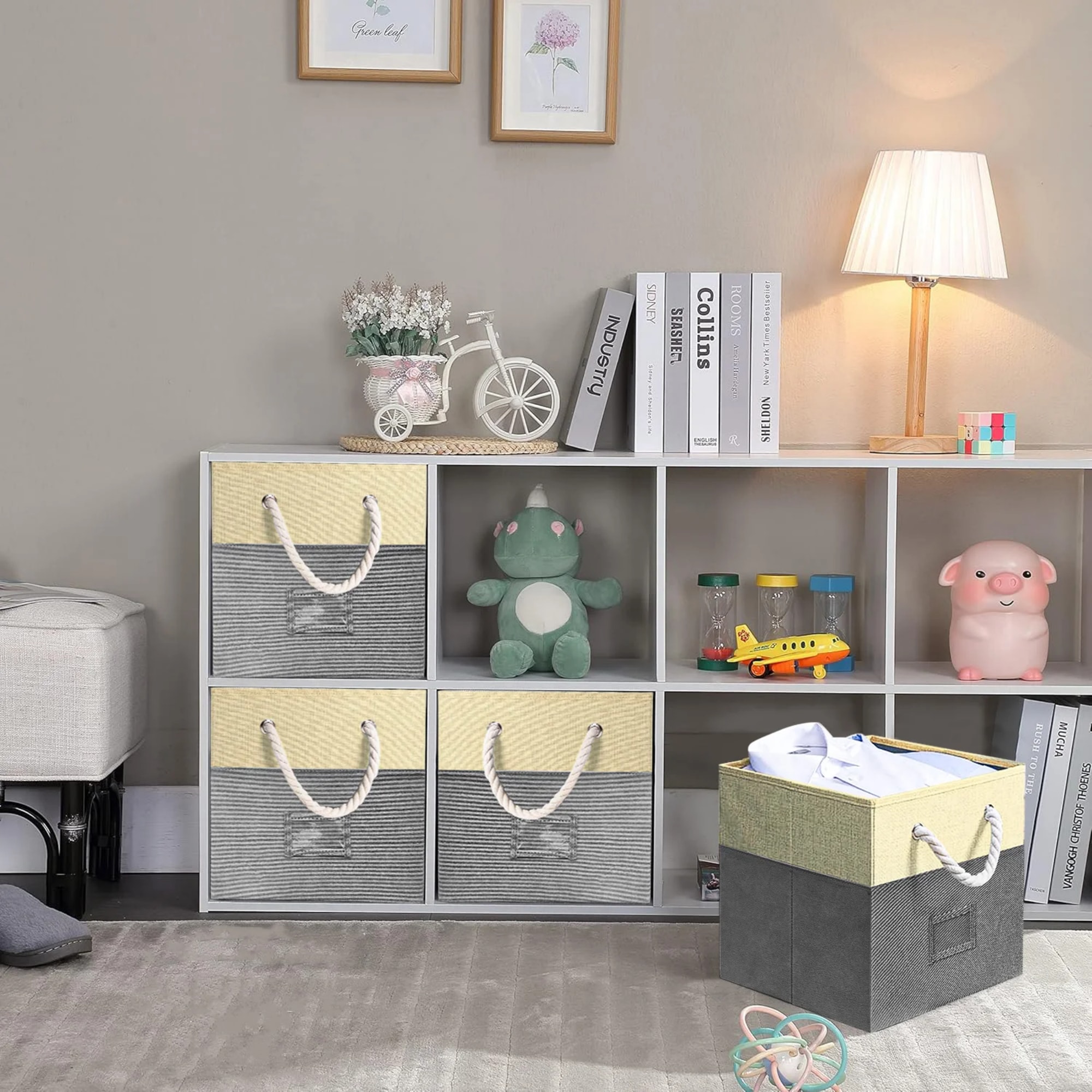 12" Foldable Storage Bins, 4 Piece Set Fabric Closet Drawers Organizer With Cotton Handles For Organizing Shelf Cabinet, Gray_voghion.com