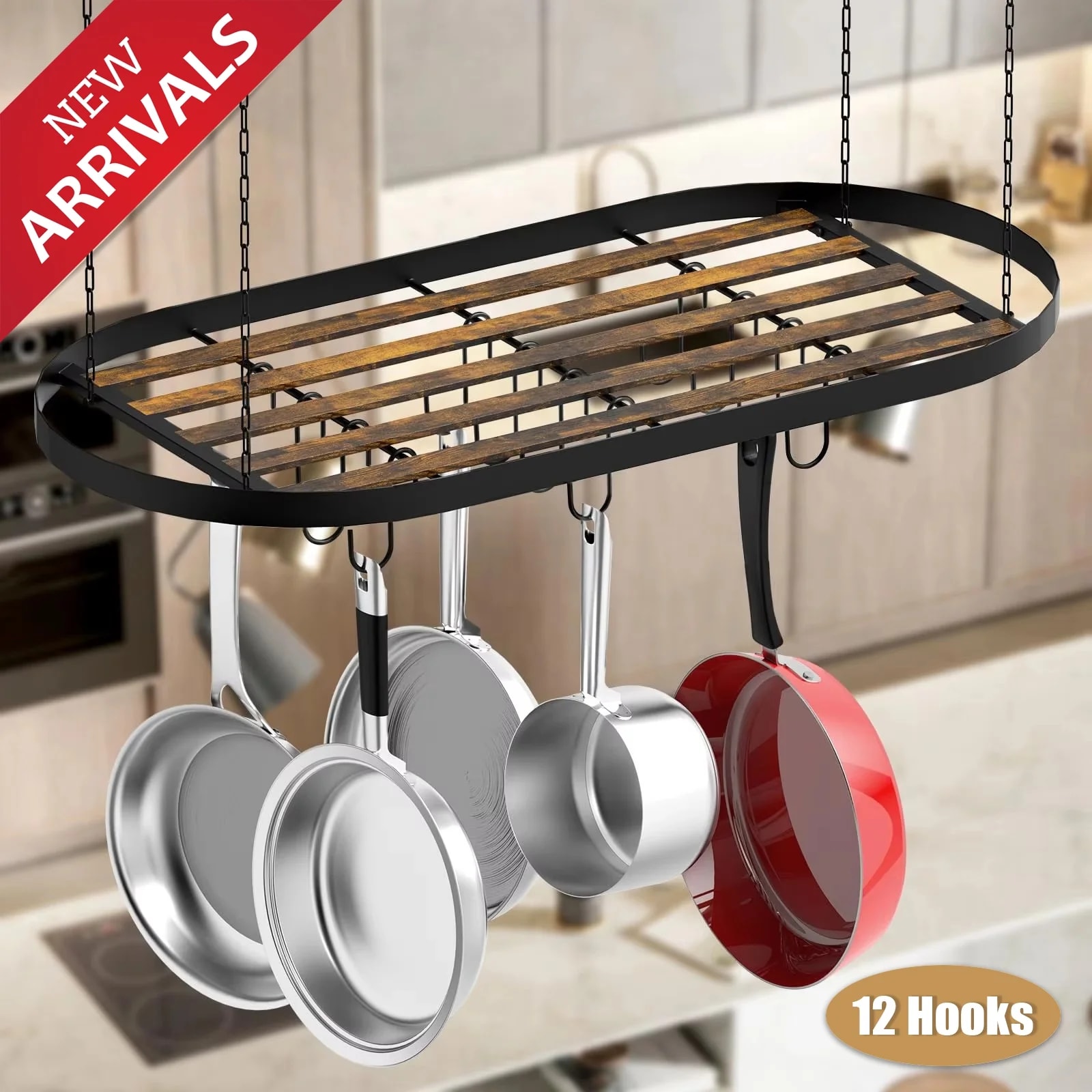 Hanging Pot Rack Ceiling Mount Cookware Organizer With 12pcs Hooks Pots And Pans Storage 33' Oval Pan Hangers For Kitchen,Easy Assembly, Black_voghion.com