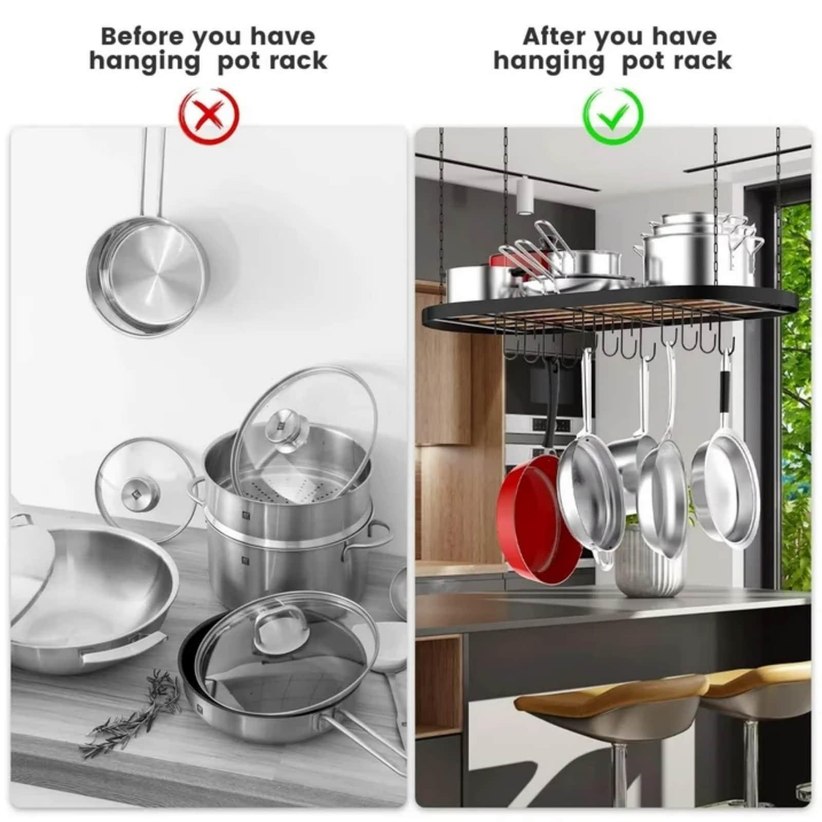 Hanging Pot Rack Ceiling Mount Cookware Organizer With 12pcs Hooks Pots And Pans Storage 33' Oval Pan Hangers For Kitchen,Easy Assembly, Black_voghion.com