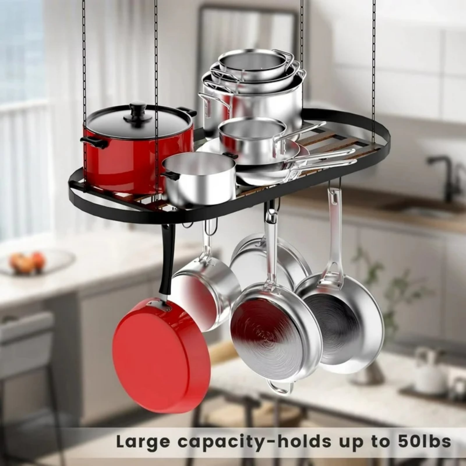 Hanging Pot Rack Ceiling Mount Cookware Organizer With 12pcs Hooks Pots And Pans Storage 33' Oval Pan Hangers For Kitchen,Easy Assembly, Black_voghion.com