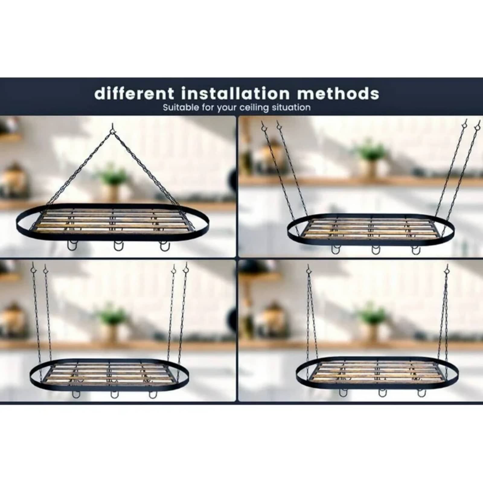 Hanging Pot Rack Ceiling Mount Cookware Organizer With 12pcs Hooks Pots And Pans Storage 33' Oval Pan Hangers For Kitchen,Easy Assembly, Black_voghion.com