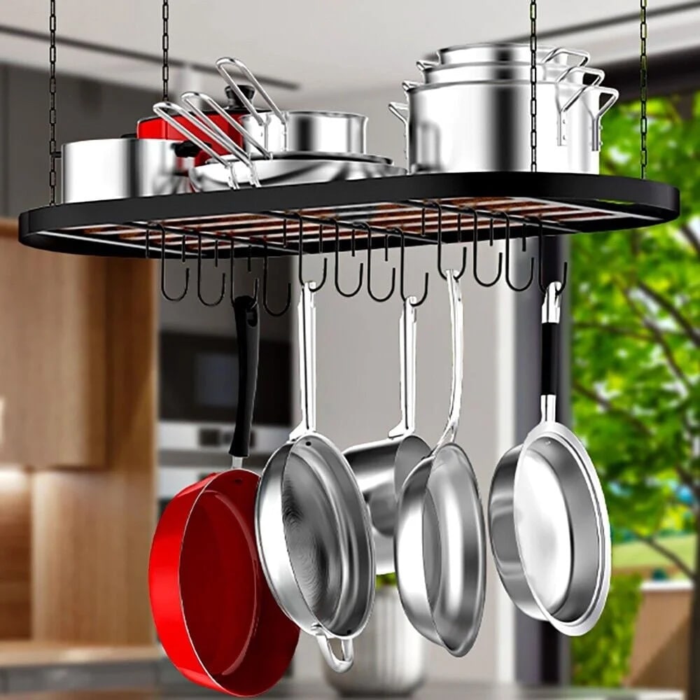 Hanging Pot Rack Ceiling Mount Cookware Organizer With 12pcs Hooks Pots And Pans Storage 33' Oval Pan Hangers For Kitchen,Easy Assembly, Black_voghion.com