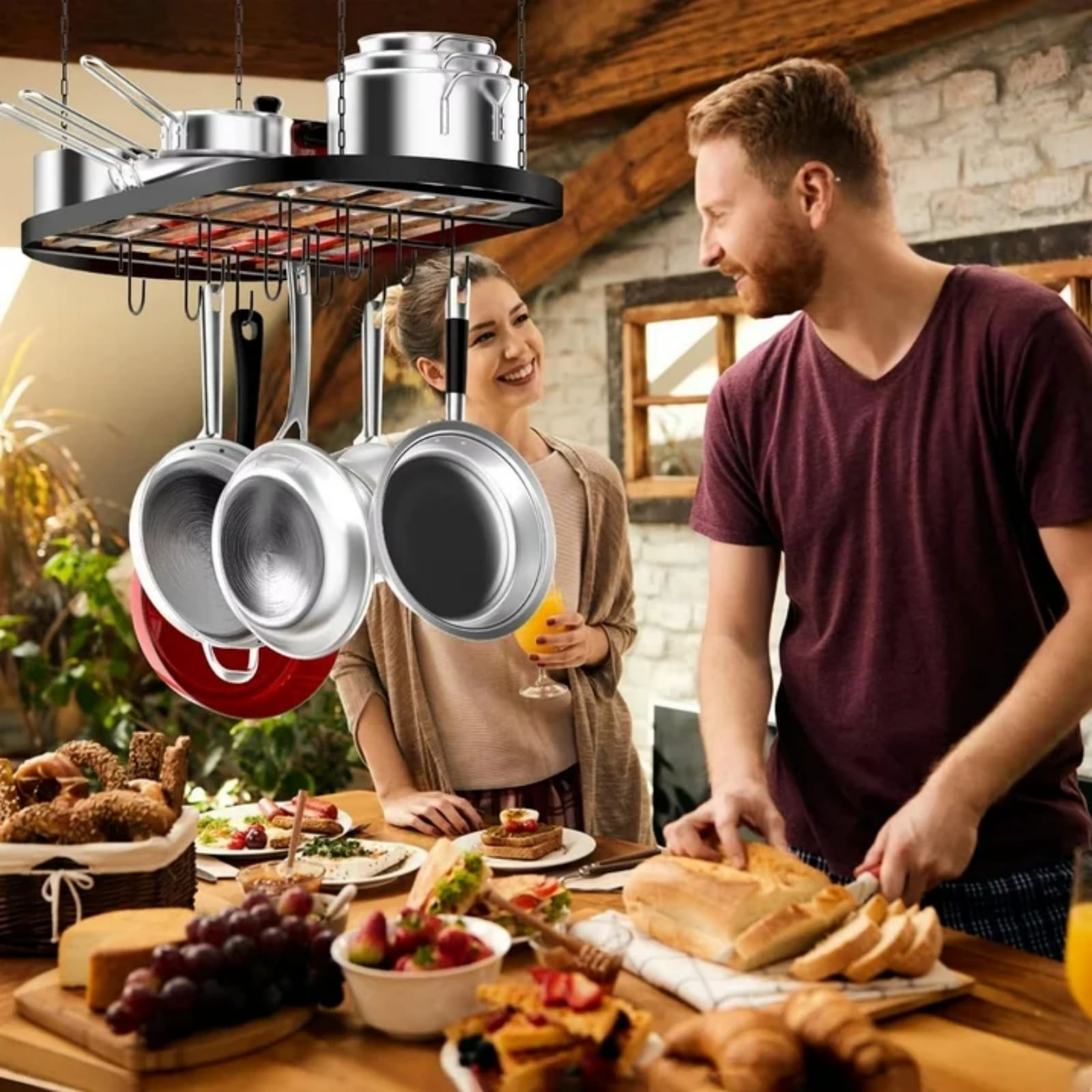 Hanging Pot Rack Ceiling Mount Cookware Organizer With 12pcs Hooks Pots And Pans Storage 33' Oval Pan Hangers For Kitchen,Easy Assembly, Black_voghion.com