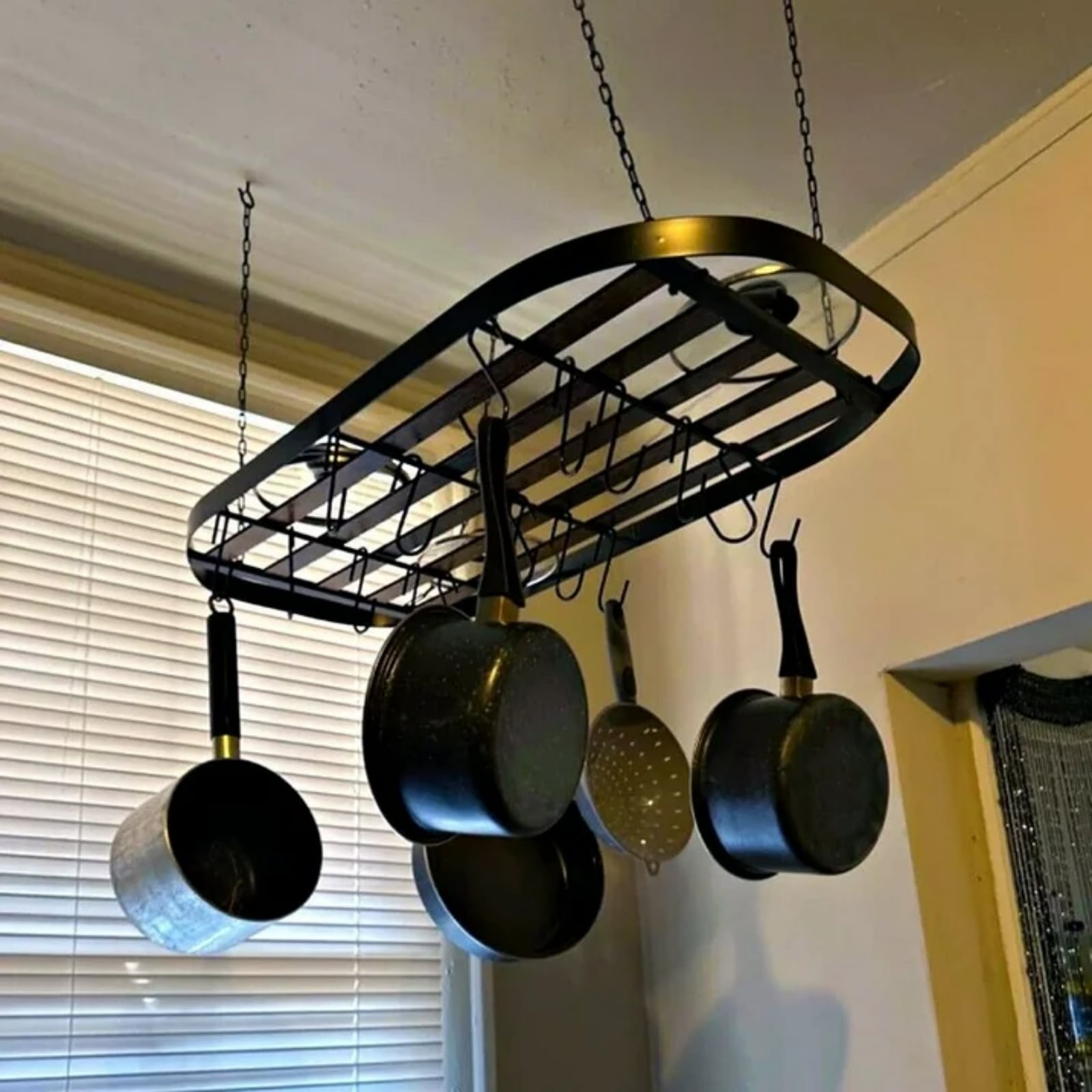 Hanging Pot Rack Ceiling Mount Cookware Organizer With 12pcs Hooks Pots And Pans Storage 33' Oval Pan Hangers For Kitchen,Easy Assembly, Black_voghion.com