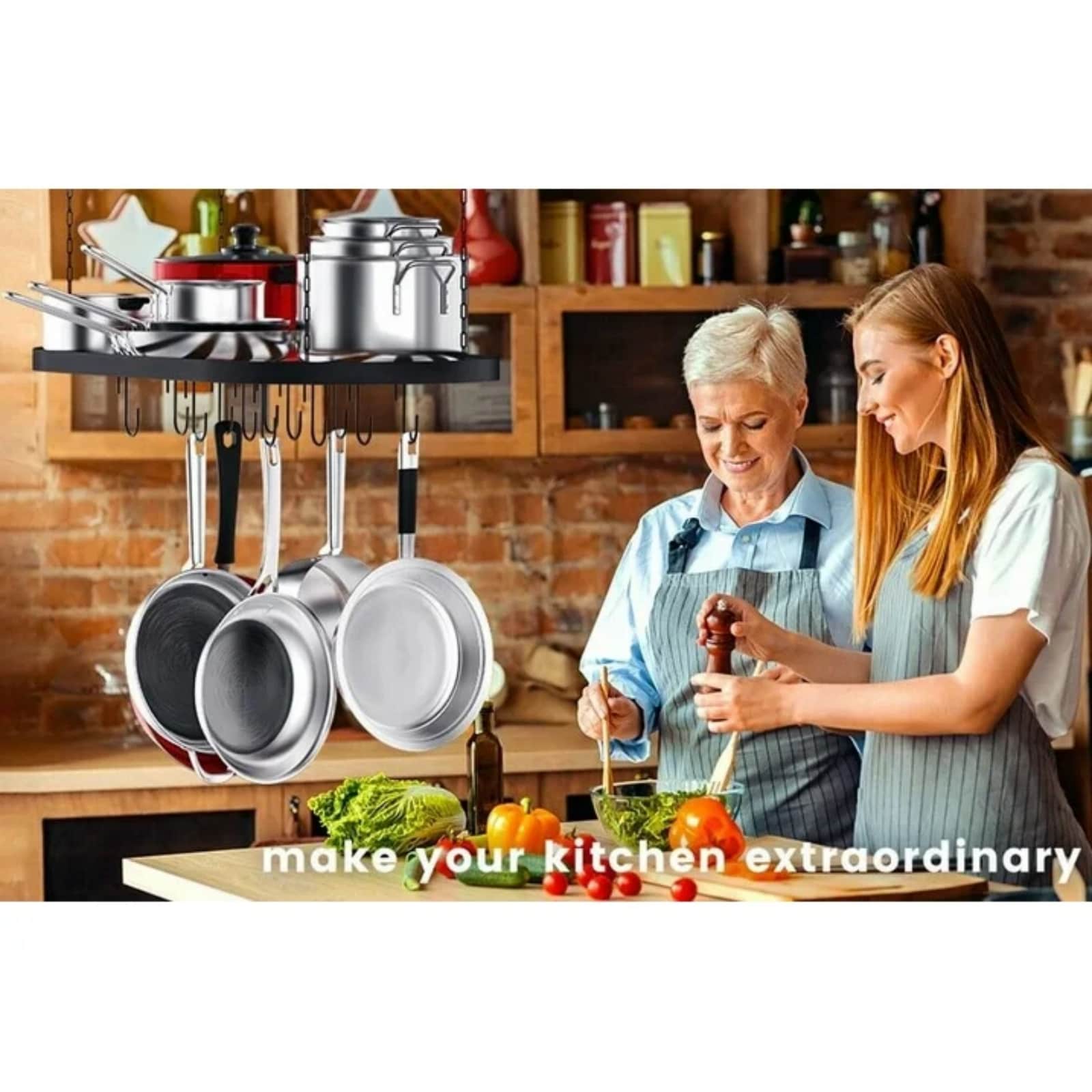 Hanging Pot Rack Ceiling Mount Cookware Organizer With 12pcs Hooks Pots And Pans Storage 33' Oval Pan Hangers For Kitchen,Easy Assembly, Black_voghion.com