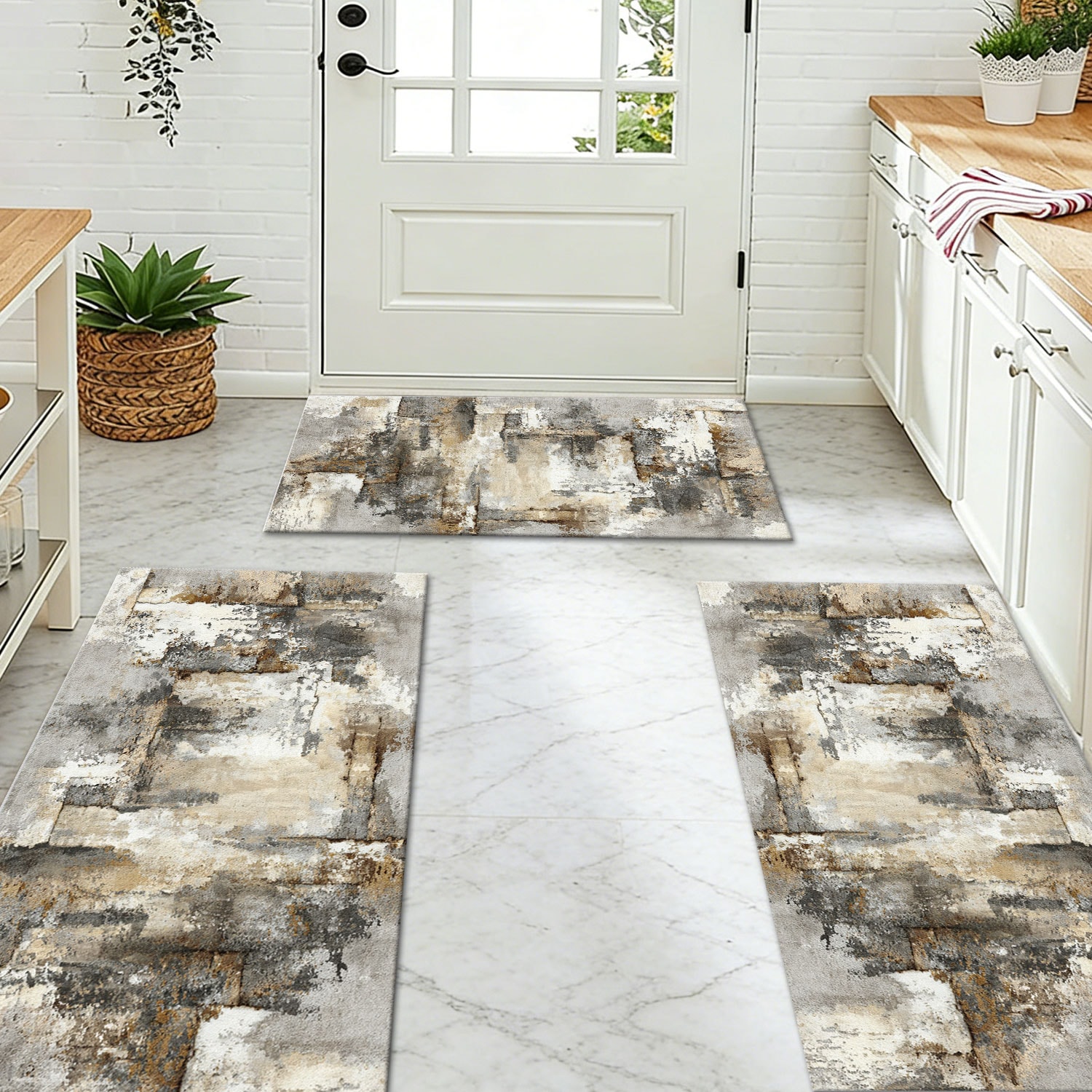 Kitchen Rug Set, Non-slip And Washable Abstract Pattern Floor Mats_voghion.com