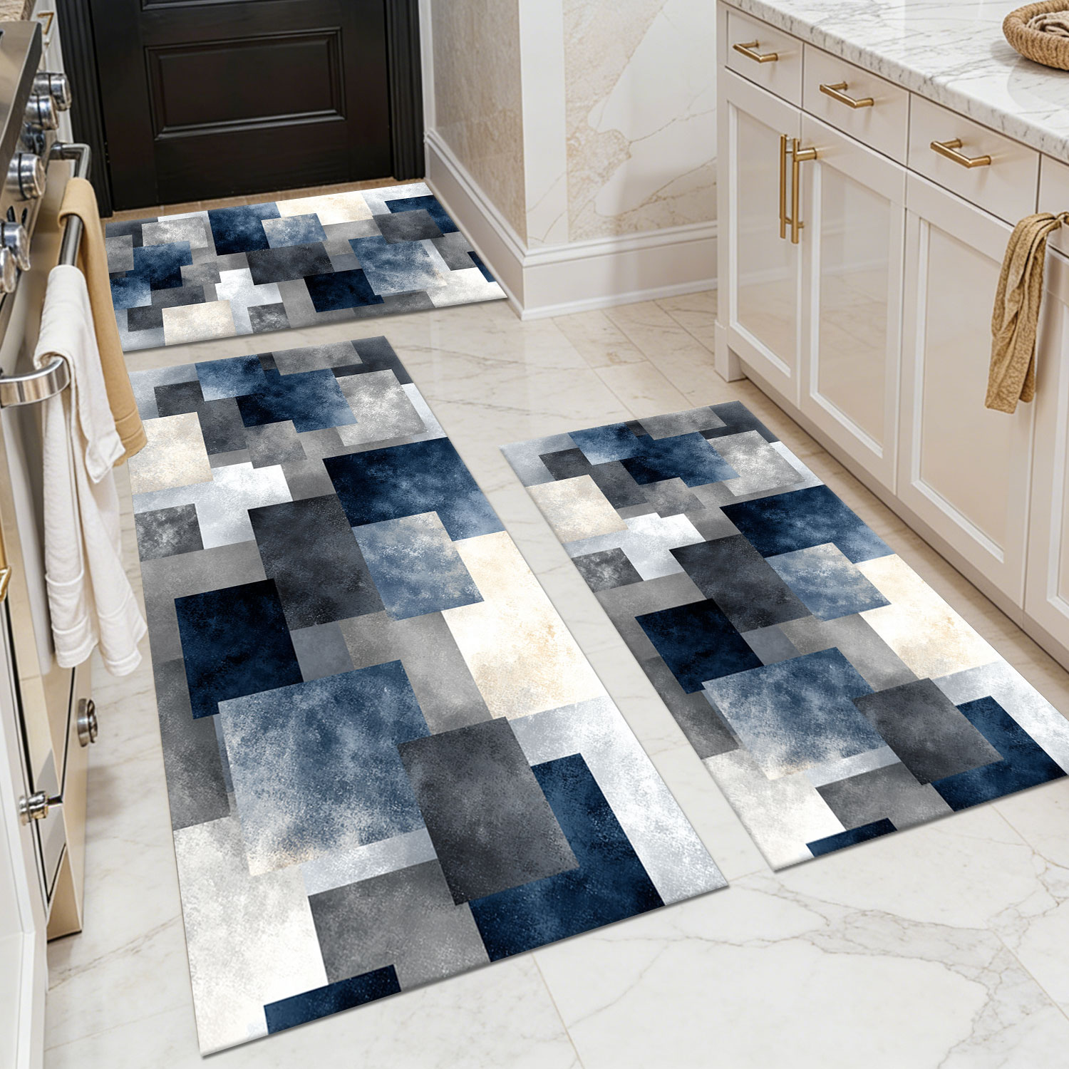 Three-piece Kitchen Rug Set, Non-slip And Washable, Abstract Pattern Kitchen Hallway Rug, Soft And Comfortable, Suitable For Sinks, Floors, Entrances, Hallways And Bathrooms._voghion.com