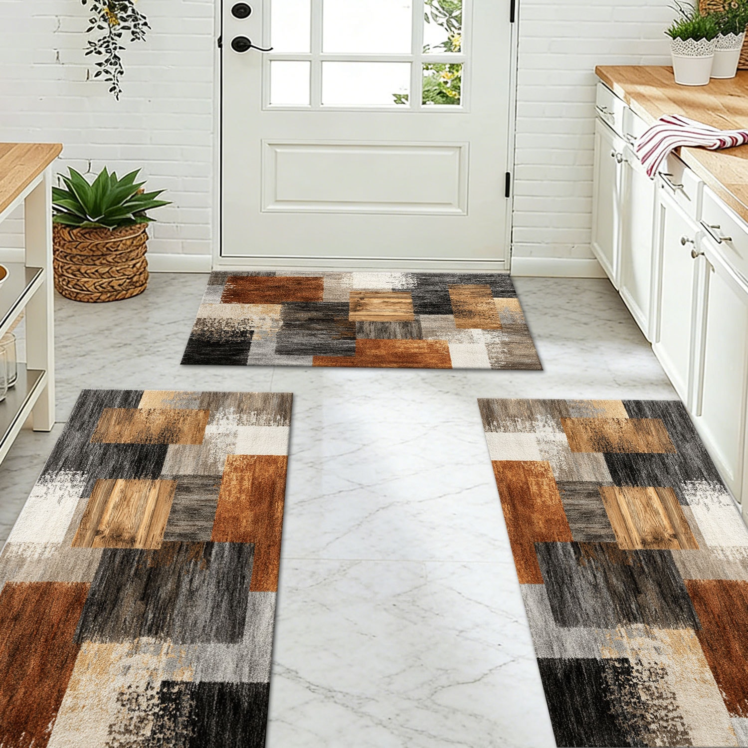 Three-piece Kitchen Rug Set Non-slip Washable Abstract Design_voghion.com
