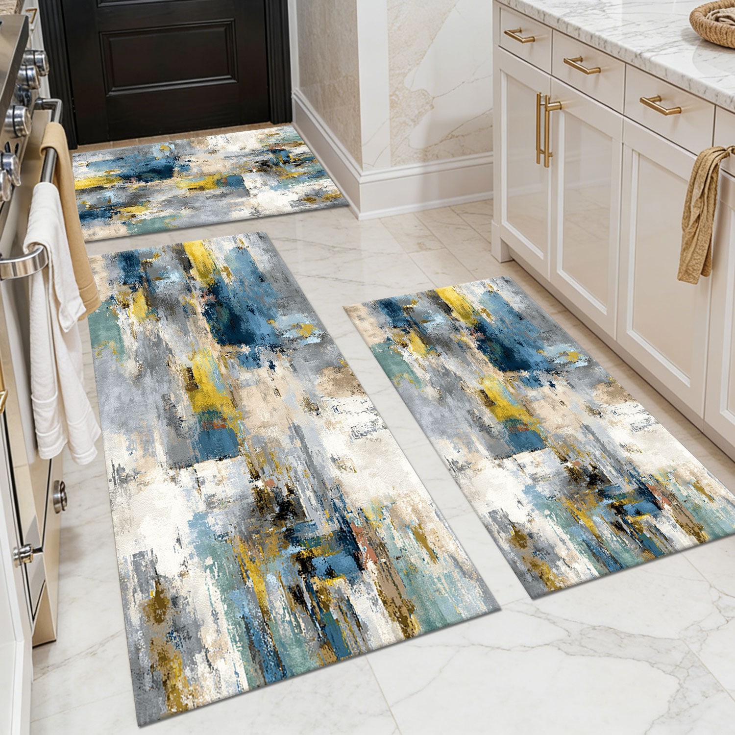 Three-piece Kitchen Rug Set, Non-slip And Washable, Abstract Pattern Kitchen Hallway Rug, Soft And Comfortable, Suitable For Sinks, Floors, Entrances, Hallways And Bathrooms._voghion.com