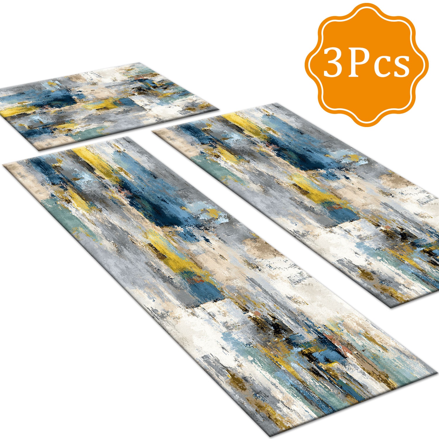 Three-piece Kitchen Rug Set Non-slip Washable Abstract Floor Mats_voghion.com