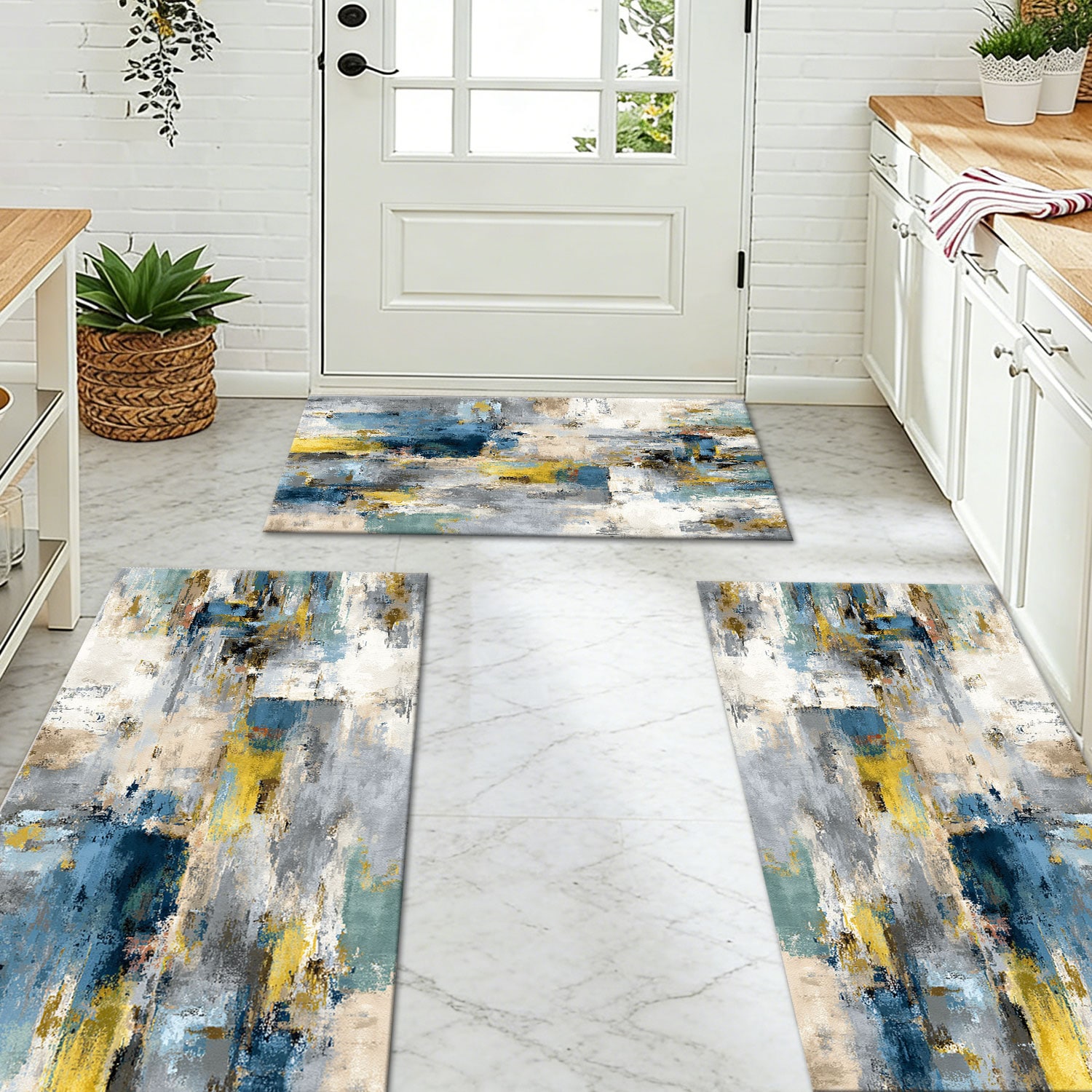 Three-piece Kitchen Rug Set Non-slip Washable Abstract Floor Mats_voghion.com