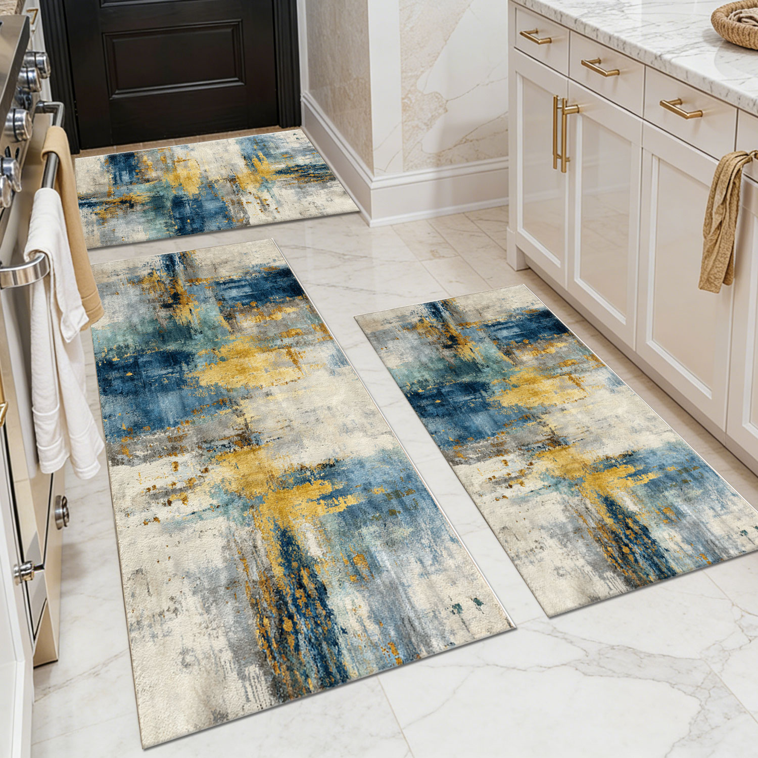 Three-piece Kitchen Rug Set, Non-slip And Washable, Abstract Pattern Kitchen Hallway Rug, Soft And Comfortable, Suitable For Sinks, Floors, Entrances, Hallways And Bathrooms._voghion.com