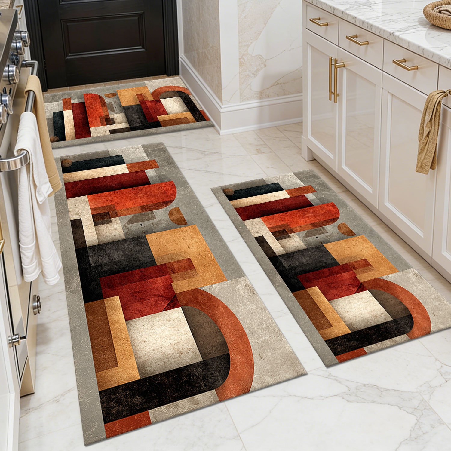 Three-piece Kitchen Rug Set, Non-slip And Washable, Abstract Pattern Kitchen Hallway Rug, Soft And Comfortable, Suitable For Sinks, Floors, Entrances, Hallways And Bathrooms._voghion.com