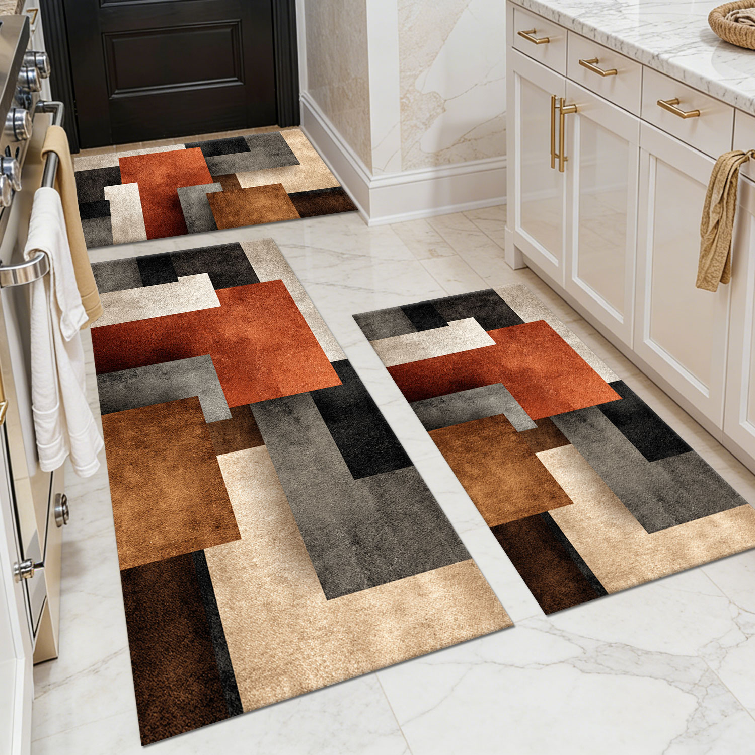 Three-piece Kitchen Rug Set, Non-slip And Washable, Abstract Pattern Kitchen Hallway Rug, Soft And Comfortable, Suitable For Sinks, Floors, Entrances, Hallways And Bathrooms._voghion.com