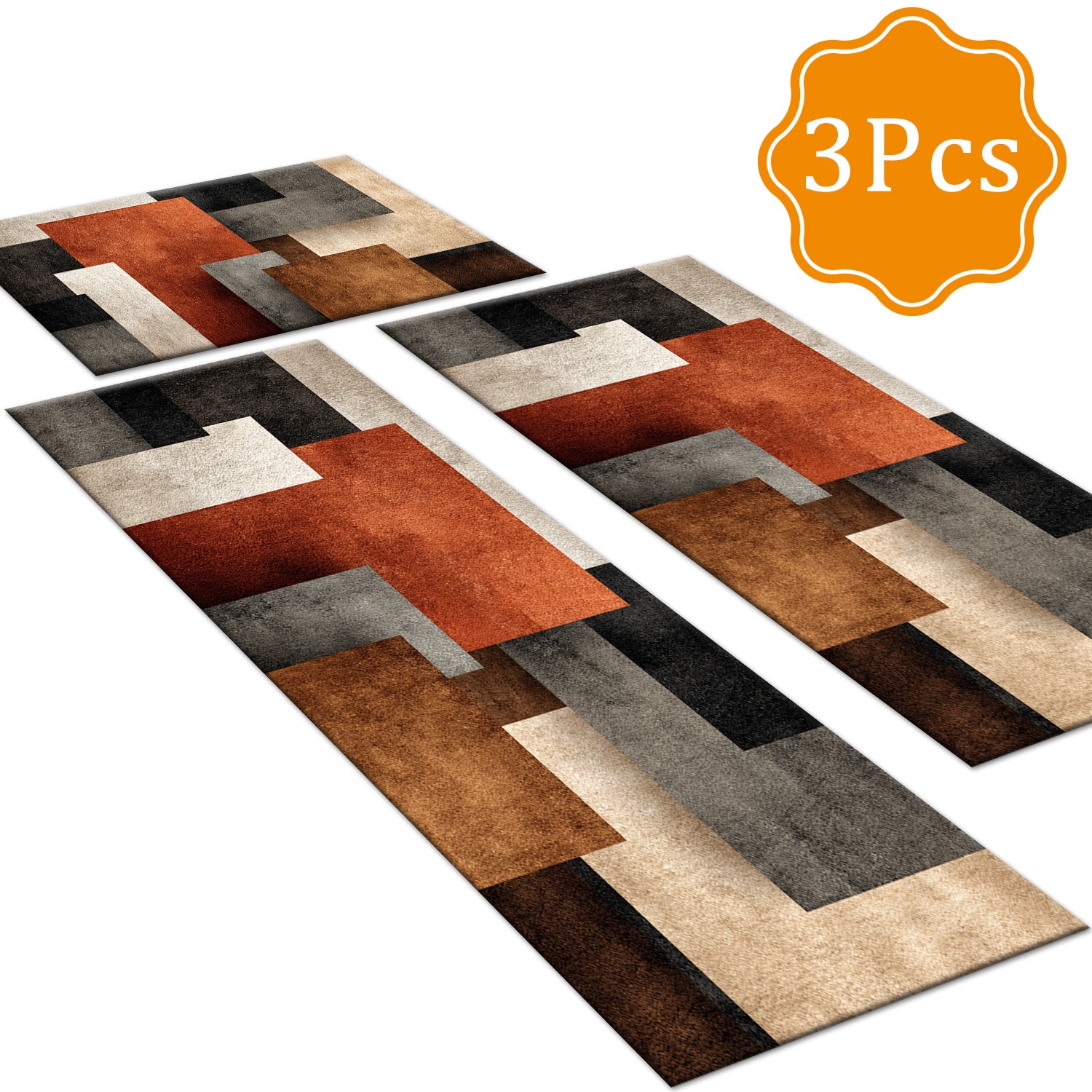 Kitchen Rug Set 3-piece Abstract Pattern Non-slip Washable Soft_voghion.com