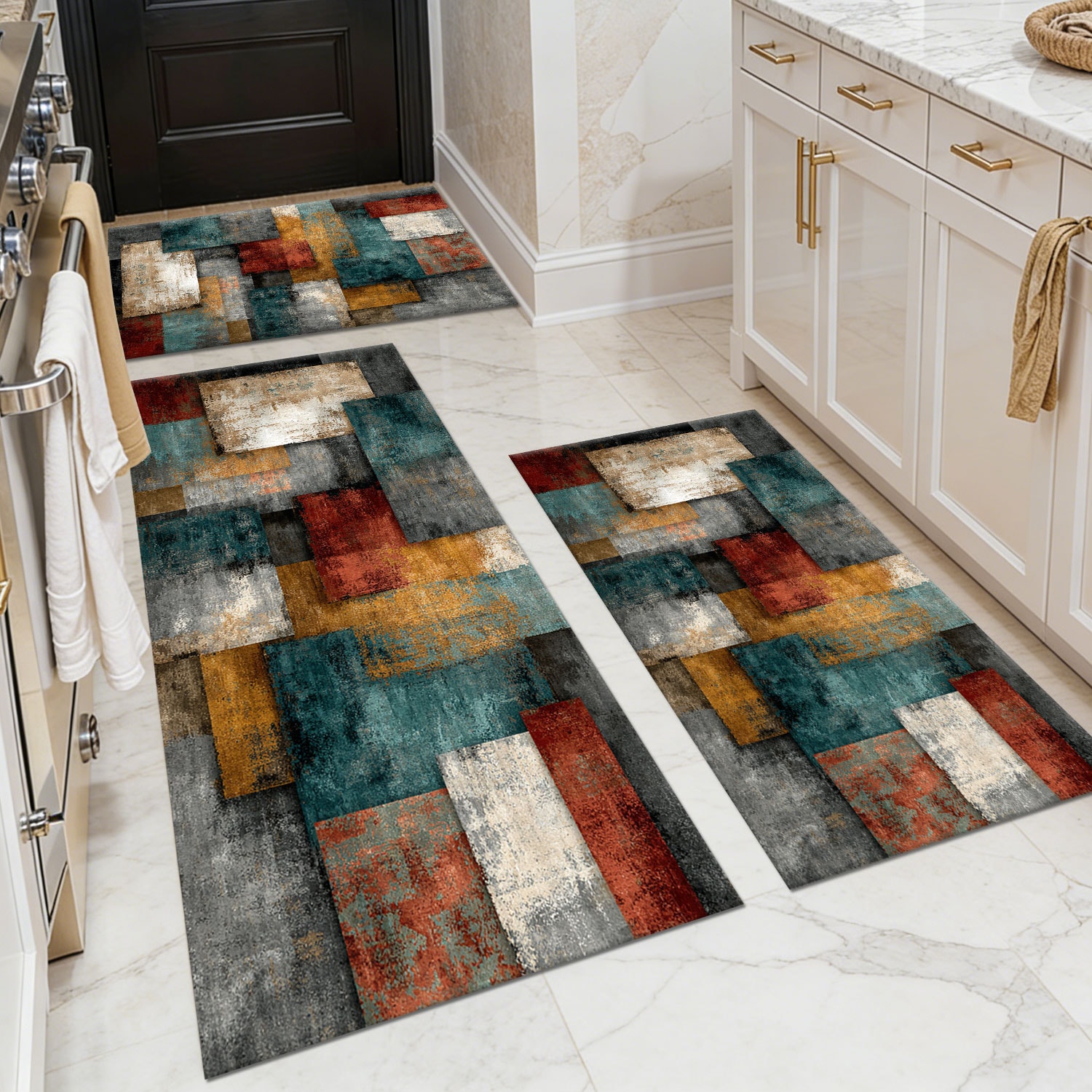 Three-piece Kitchen Rug Set, Non-slip And Washable, Abstract Pattern Kitchen Hallway Rug, Soft And Comfortable, Suitable For Sinks, Floors, Entrances, Hallways And Bathrooms._voghion.com
