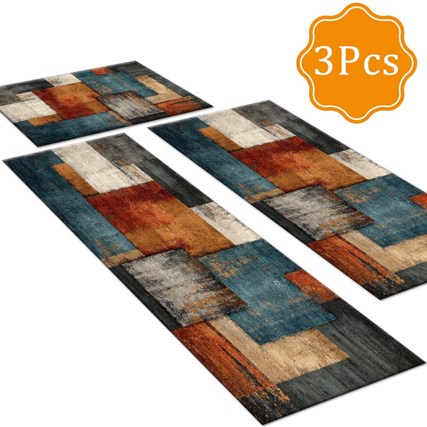 Three-piece Kitchen Rug Set Non-slip Washable Abstract Pattern_voghion.com