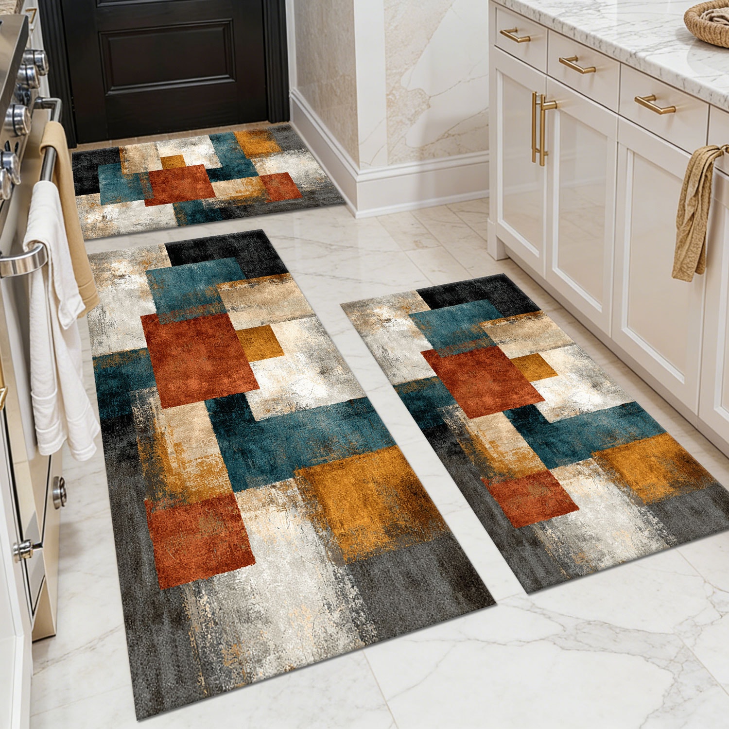 Three-piece Kitchen Rug Set, Non-slip And Washable, Abstract Pattern Kitchen Hallway Rug, Soft And Comfortable, Suitable For Sinks, Floors, Entrances, Hallways And Bathrooms._voghion.com