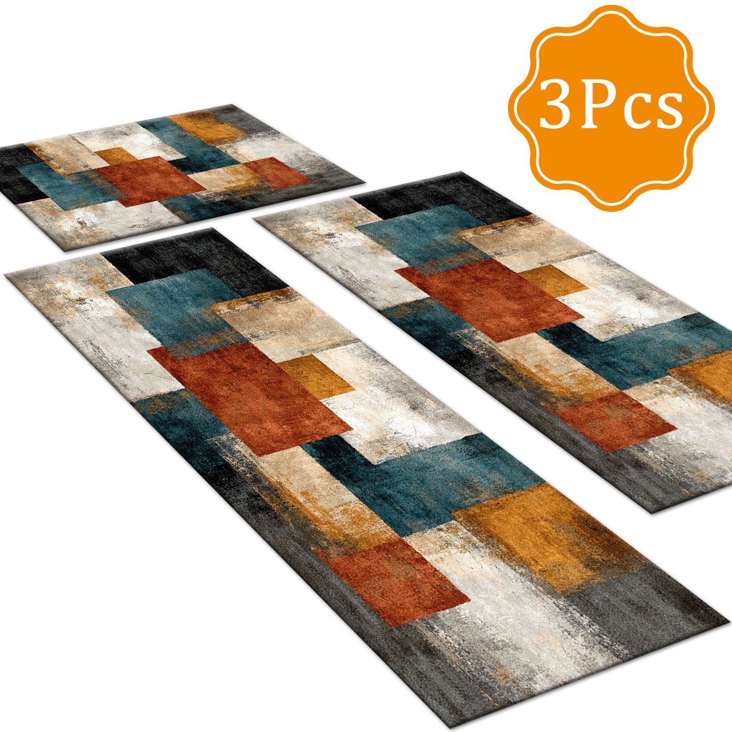 Three-piece Kitchen Rug Set Non-slip Washable Abstract Floor Mats_voghion.com