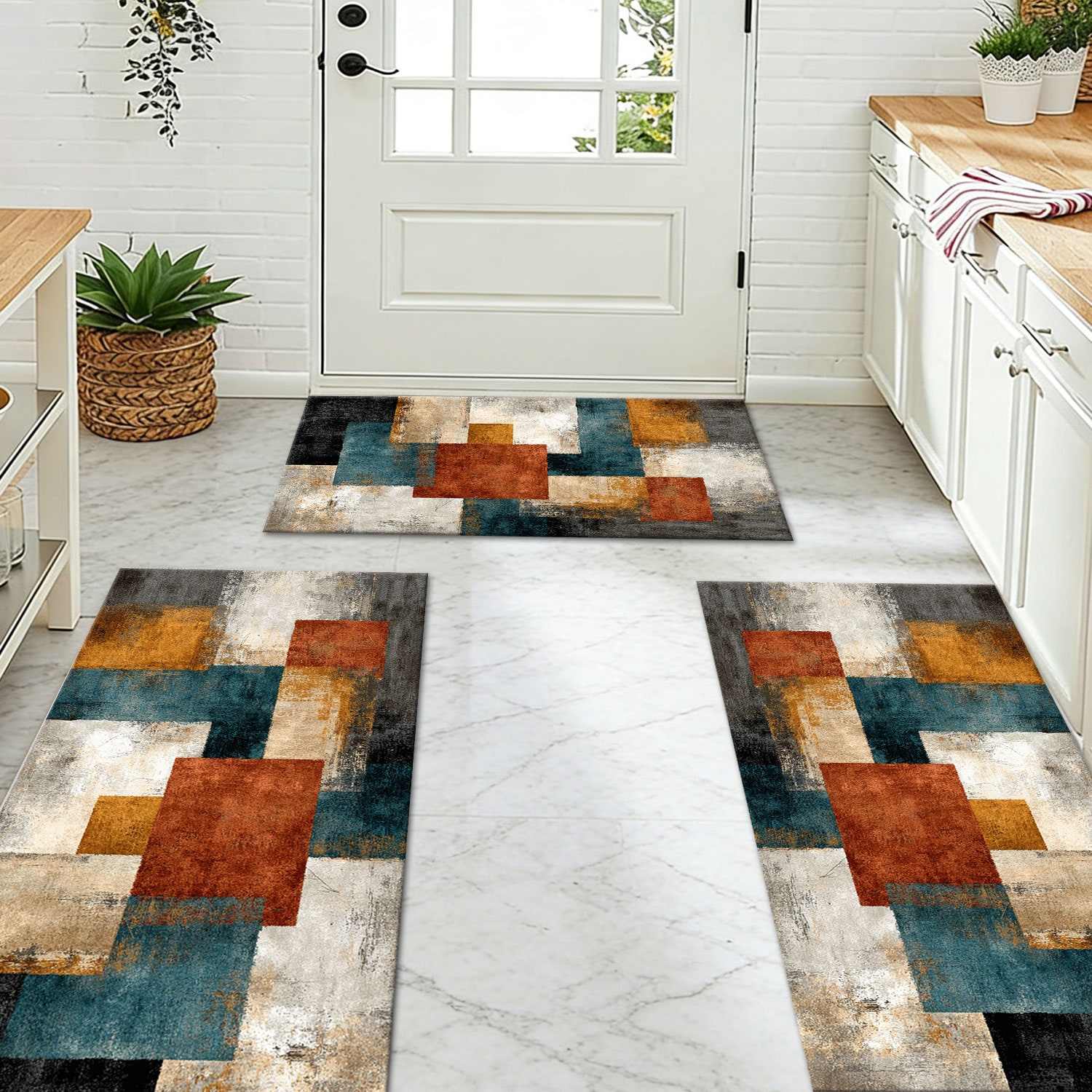Three-piece Kitchen Rug Set Non-slip Washable Abstract Floor Mats_voghion.com