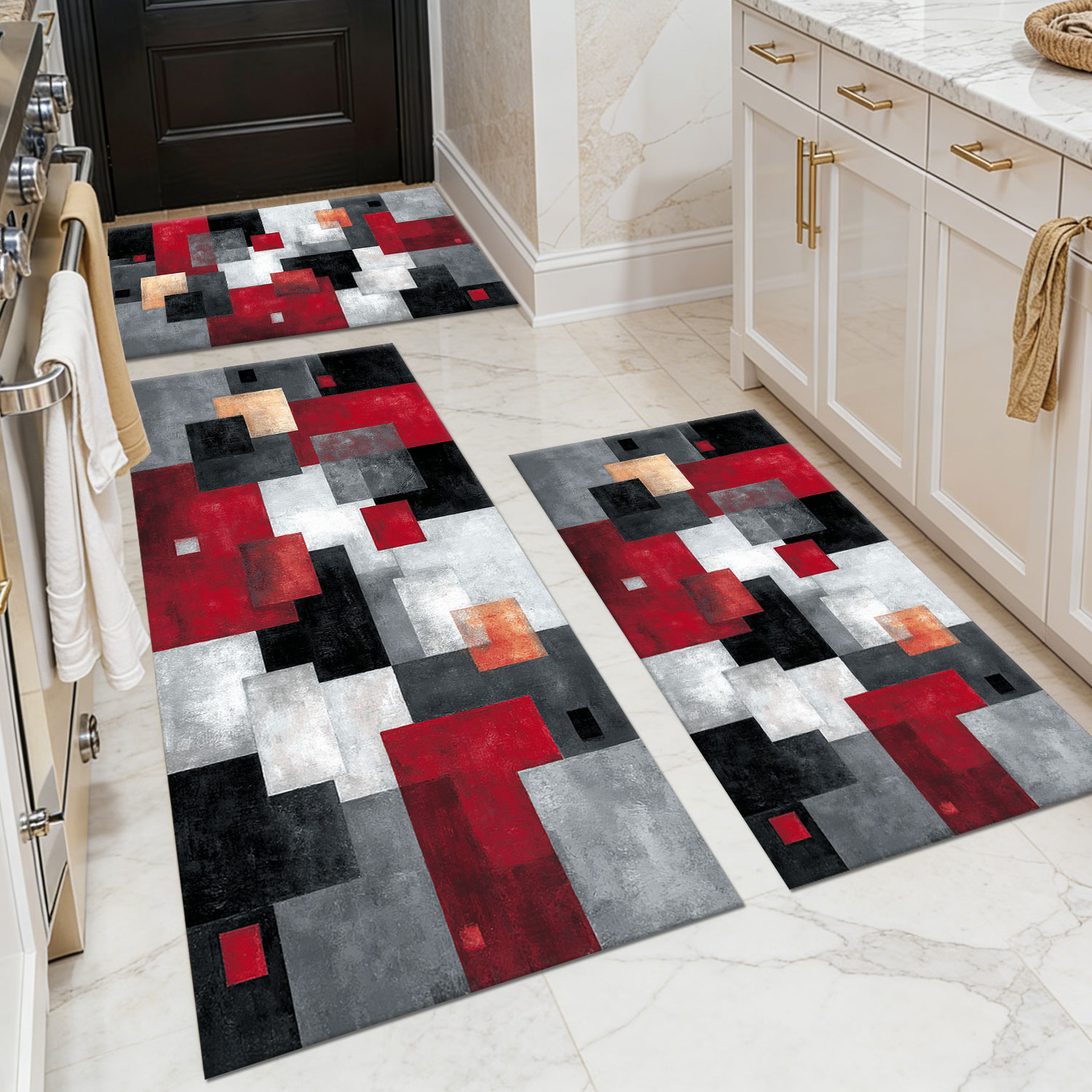 Three-piece Kitchen Rug Set, Non-slip And Washable, Abstract Pattern Kitchen Hallway Rug, Soft And Comfortable, Suitable For Sinks, Floors, Entrances, Hallways And Bathrooms._voghion.com