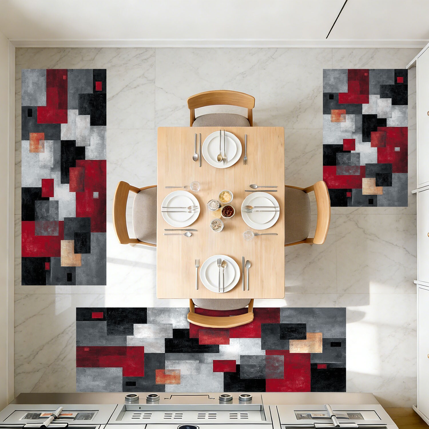 Three-piece Kitchen Rug Set Non-slip Washable Abstract Pattern_voghion.com