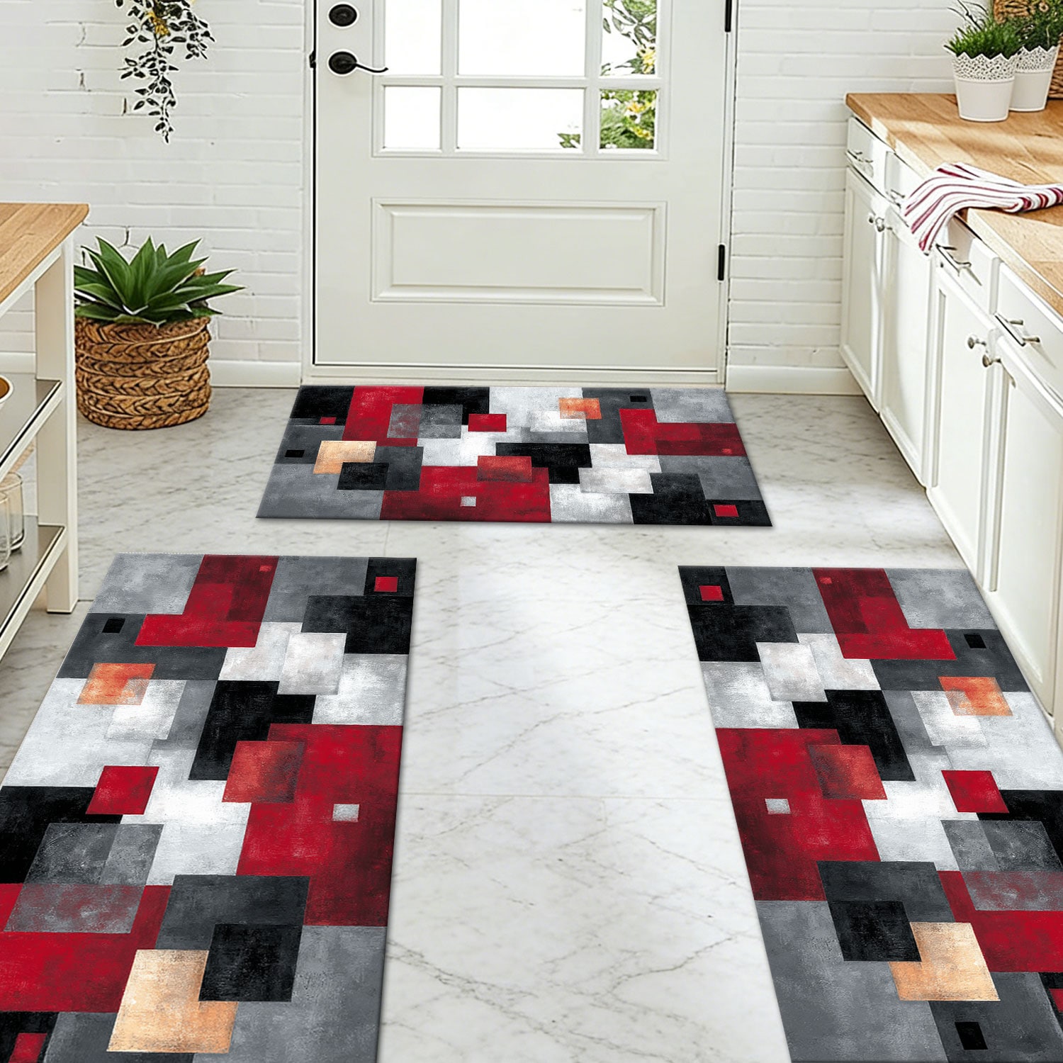 Three-piece Kitchen Rug Set Non-slip Washable Abstract Pattern_voghion.com