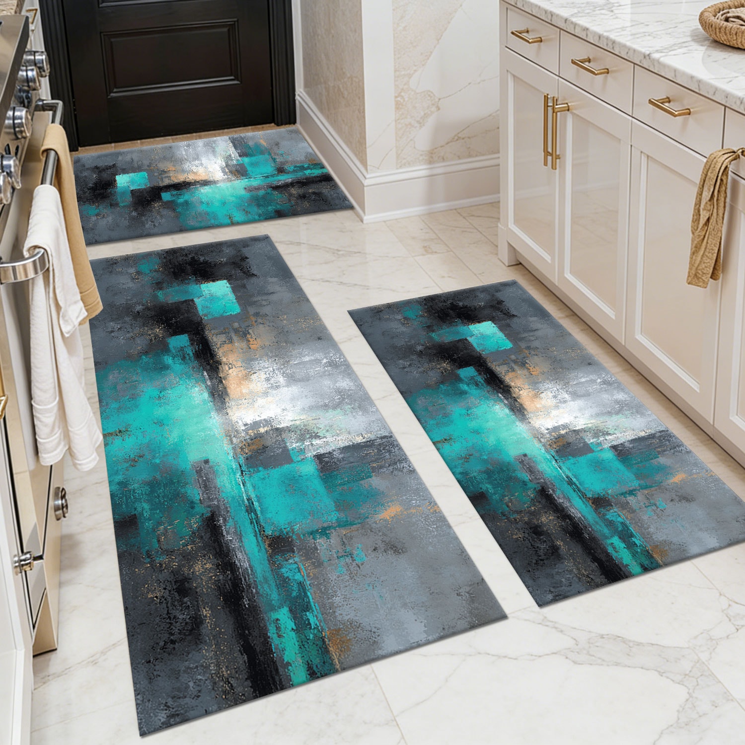 Set Of 3 Kitchen Rugs Non Slip Washable Abstract Pattern Soft Mat_voghion.com
