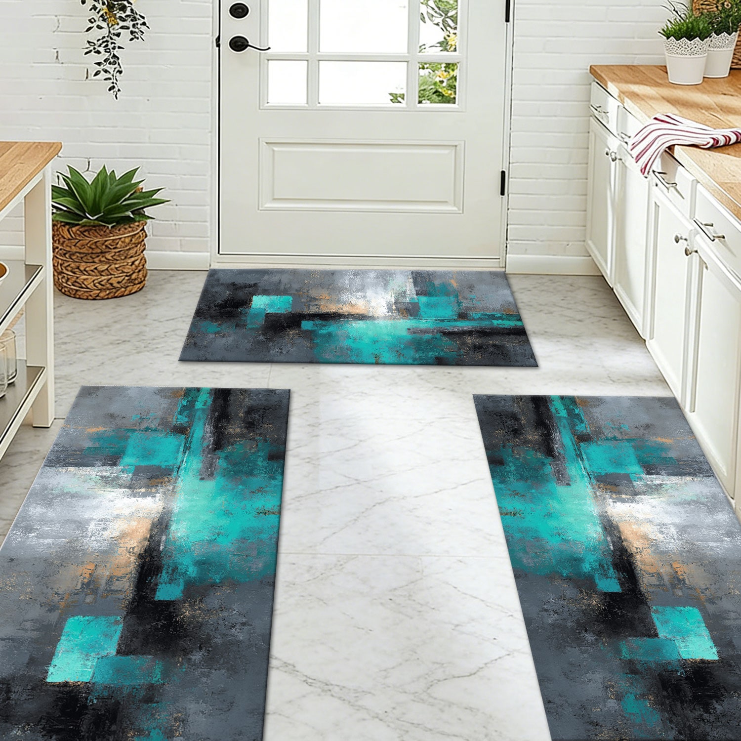 Set Of 3 Kitchen Rugs Non Slip Washable Abstract Pattern Soft Mat_voghion.com