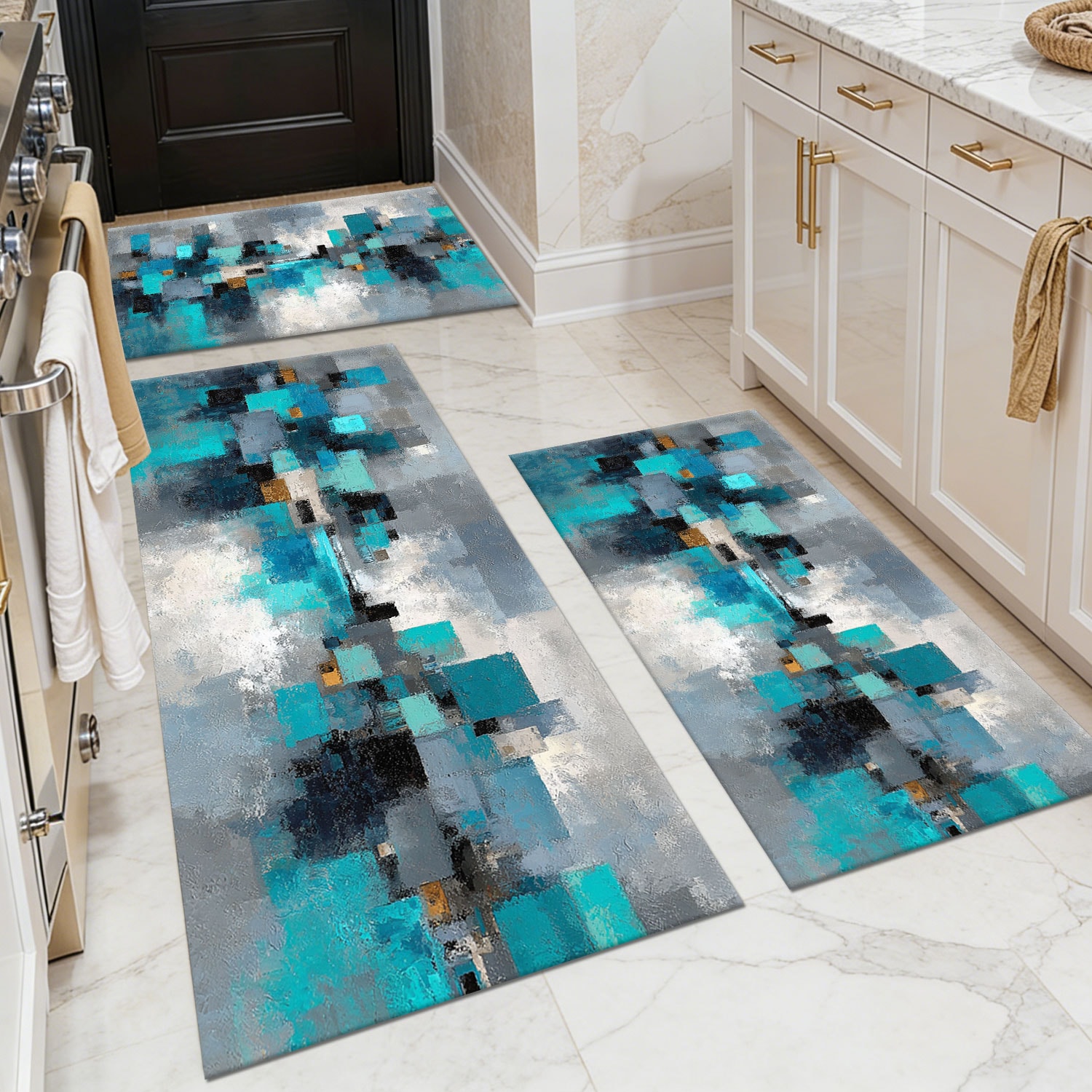 Three-piece Kitchen Rug Set, Non-slip And Washable, Abstract Pattern Kitchen Hallway Rug, Soft And Comfortable, Suitable For Sinks, Floors, Entrances, Hallways And Bathrooms._voghion.com