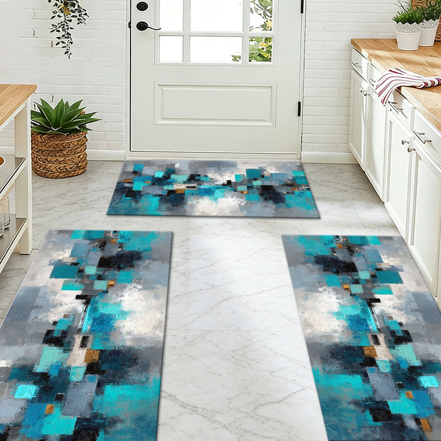 Three Piece Kitchen Rug Set Non-slip Washable Abstract Floor Mat_voghion.com