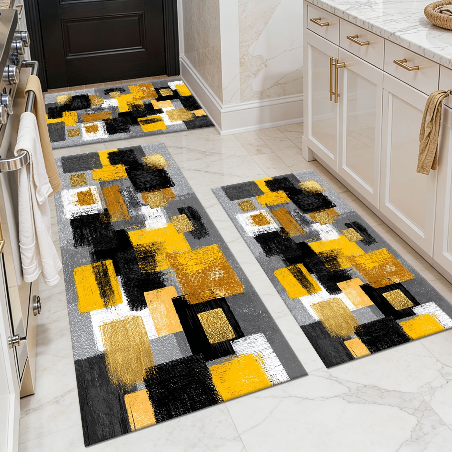Three-piece kitchen rug set, non-slip and washable, abstract pattern kitchen hallway rug, soft and comfortable, suitable for sinks, floors, entrances, hallways and bathrooms.