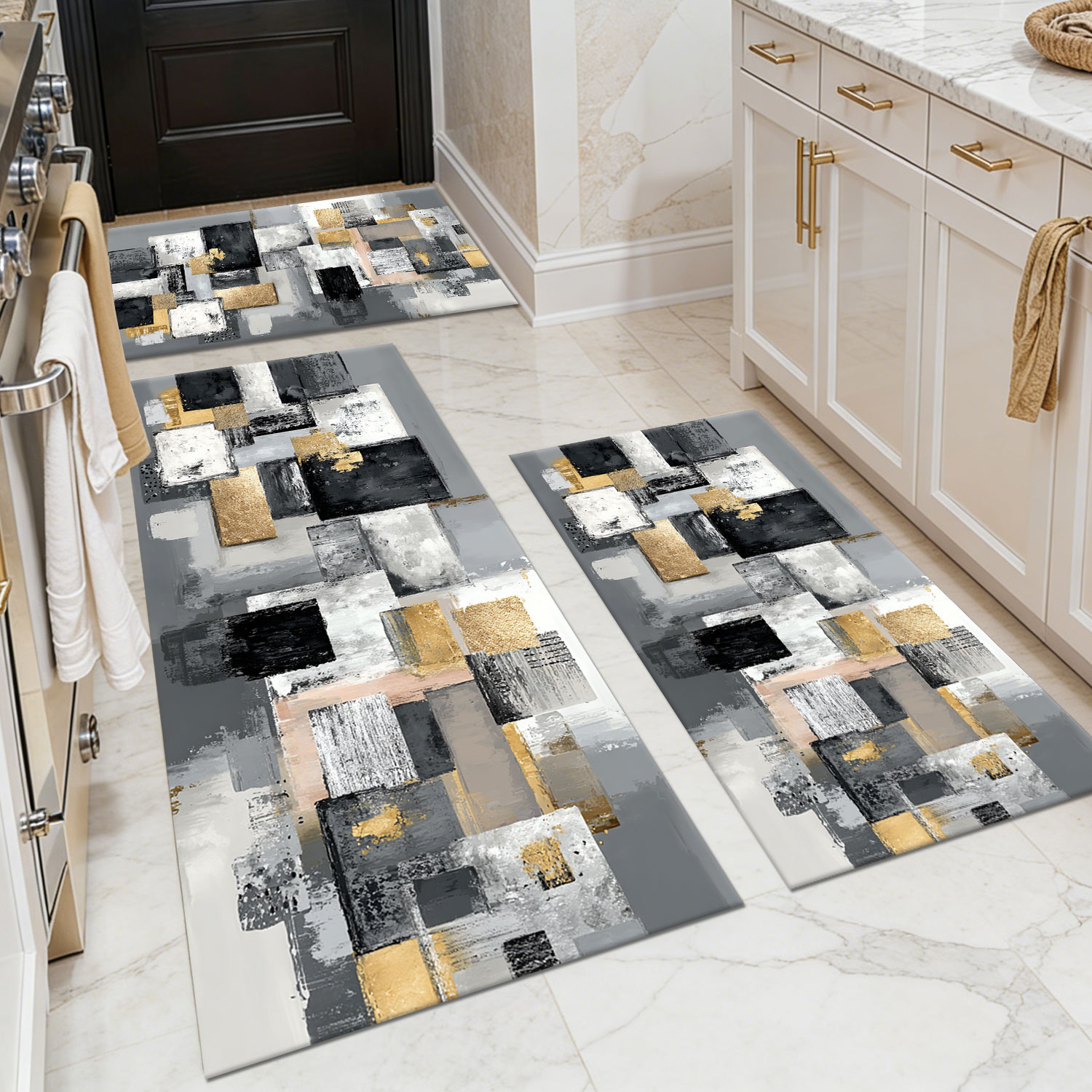 Three-piece kitchen rug set, non-slip and washable, abstract pattern kitchen hallway rug, soft and comfortable, suitable for sinks, floors, entrances, hallways and bathrooms.