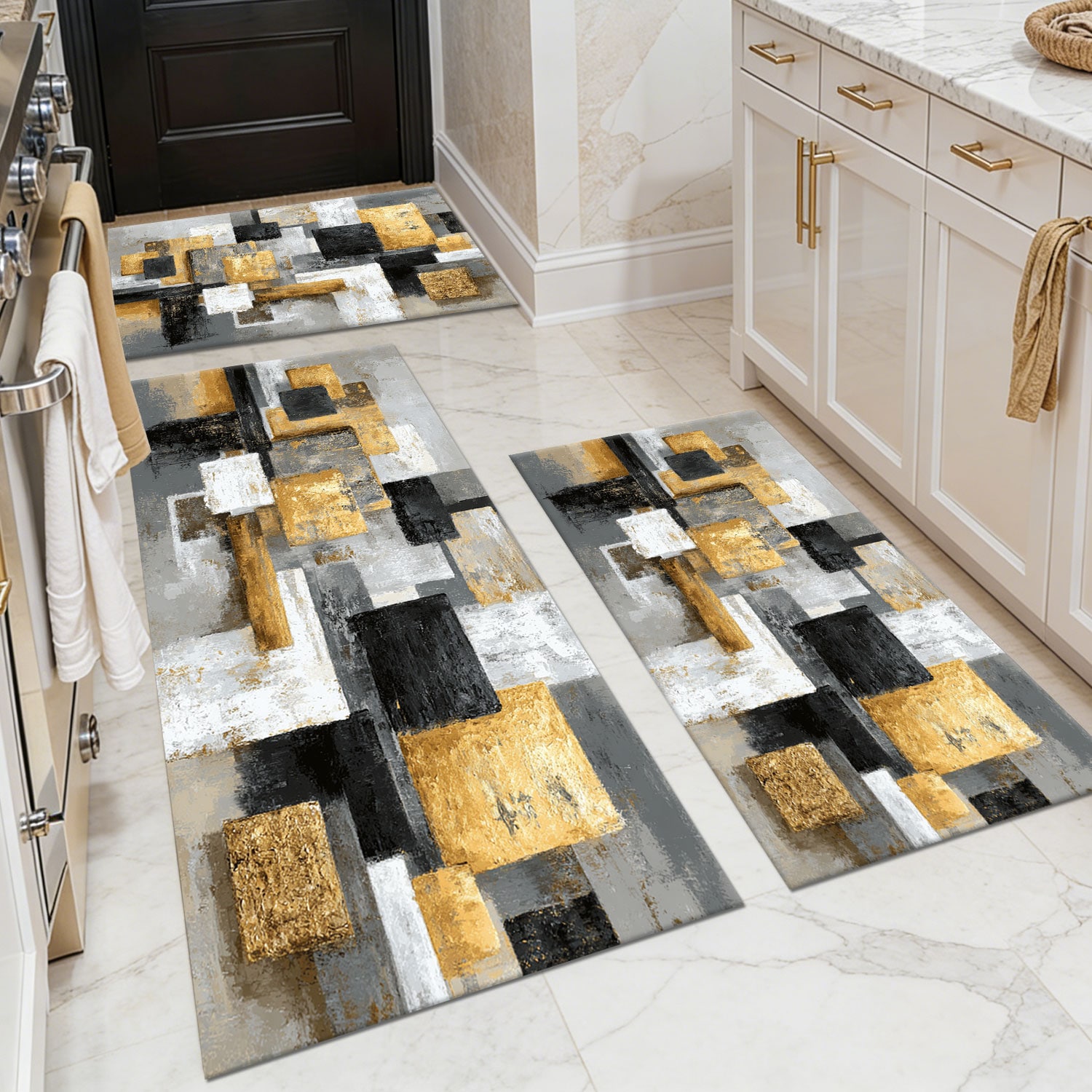 Three-piece kitchen rug set, non-slip and washable, abstract pattern kitchen hallway rug, soft and comfortable, suitable for sinks, floors, entrances, hallways and bathrooms.