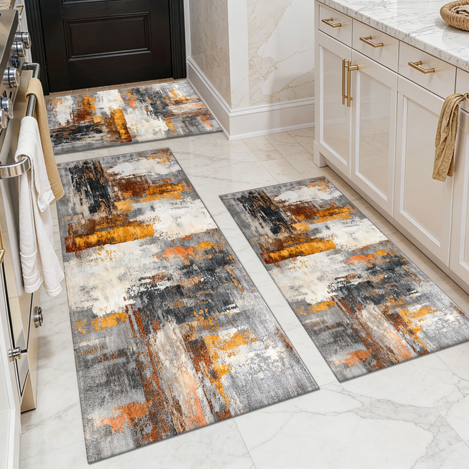 Three-piece kitchen rug set, non-slip and washable, abstract pattern kitchen hallway rug, soft and comfortable, suitable for sinks, floors, entrances, hallways and bathrooms.