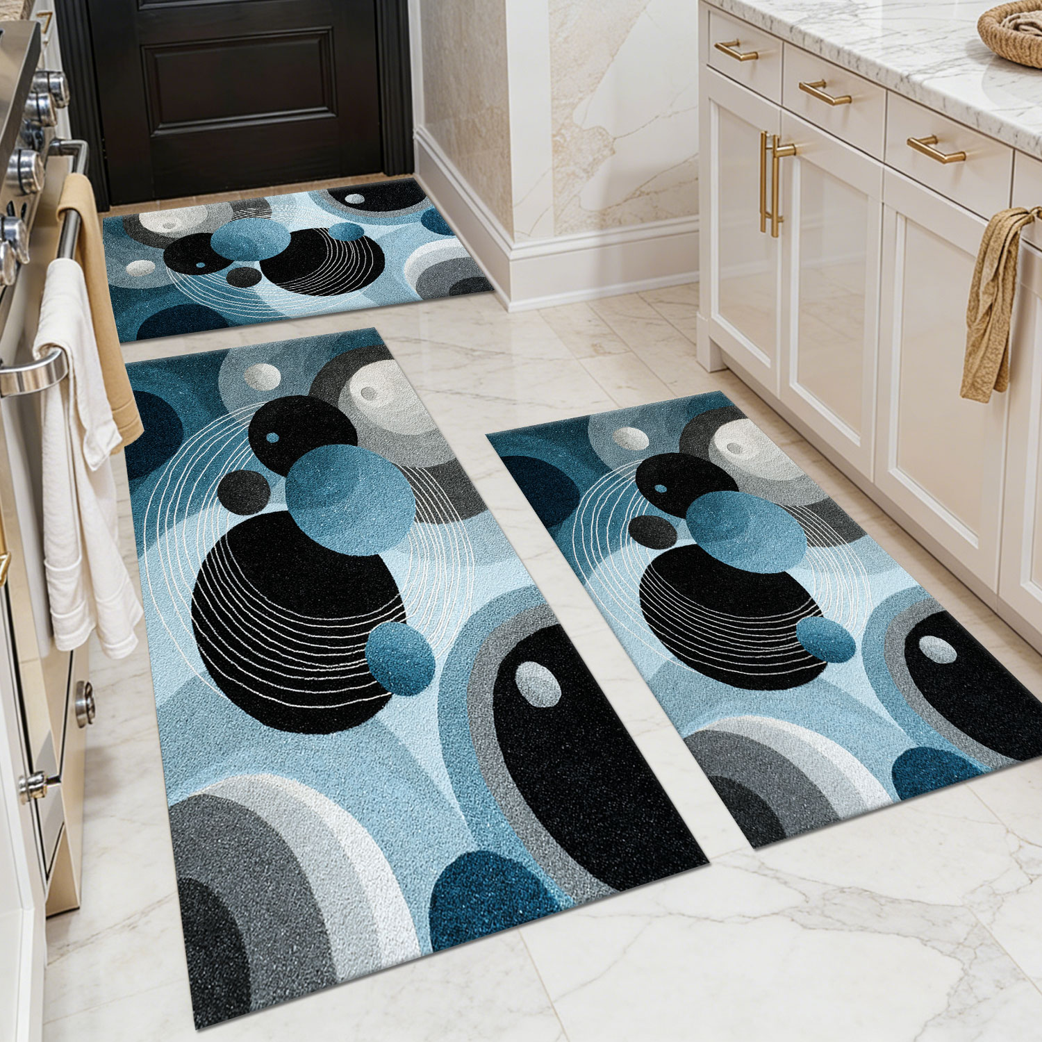 Three-piece kitchen rug set, non-slip and washable, abstract pattern kitchen hallway rug, soft and comfortable, suitable for sinks, floors, entrances, hallways and bathrooms.