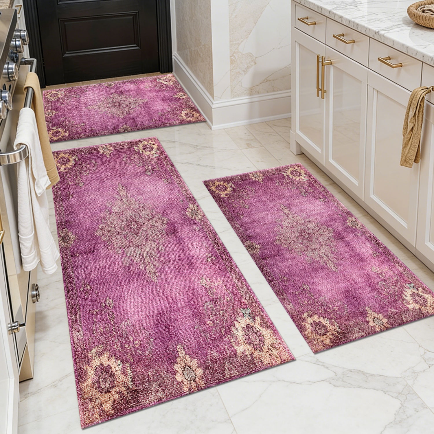 Three-piece kitchen rug set, non-slip and washable, abstract pattern kitchen hallway rug, soft and comfortable, suitable for sinks, floors, entrances, hallways and bathrooms.