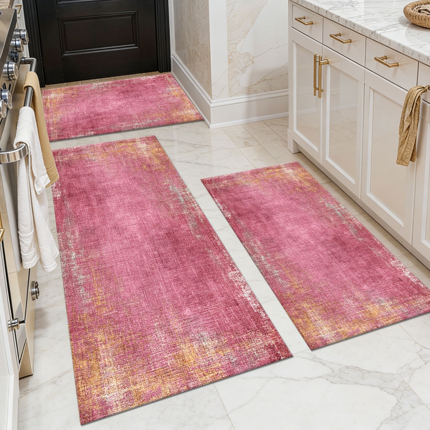 Three-piece kitchen rug set, non-slip and washable, abstract pattern kitchen hallway rug, soft and comfortable, suitable for sinks, floors, entrances, hallways and bathrooms.