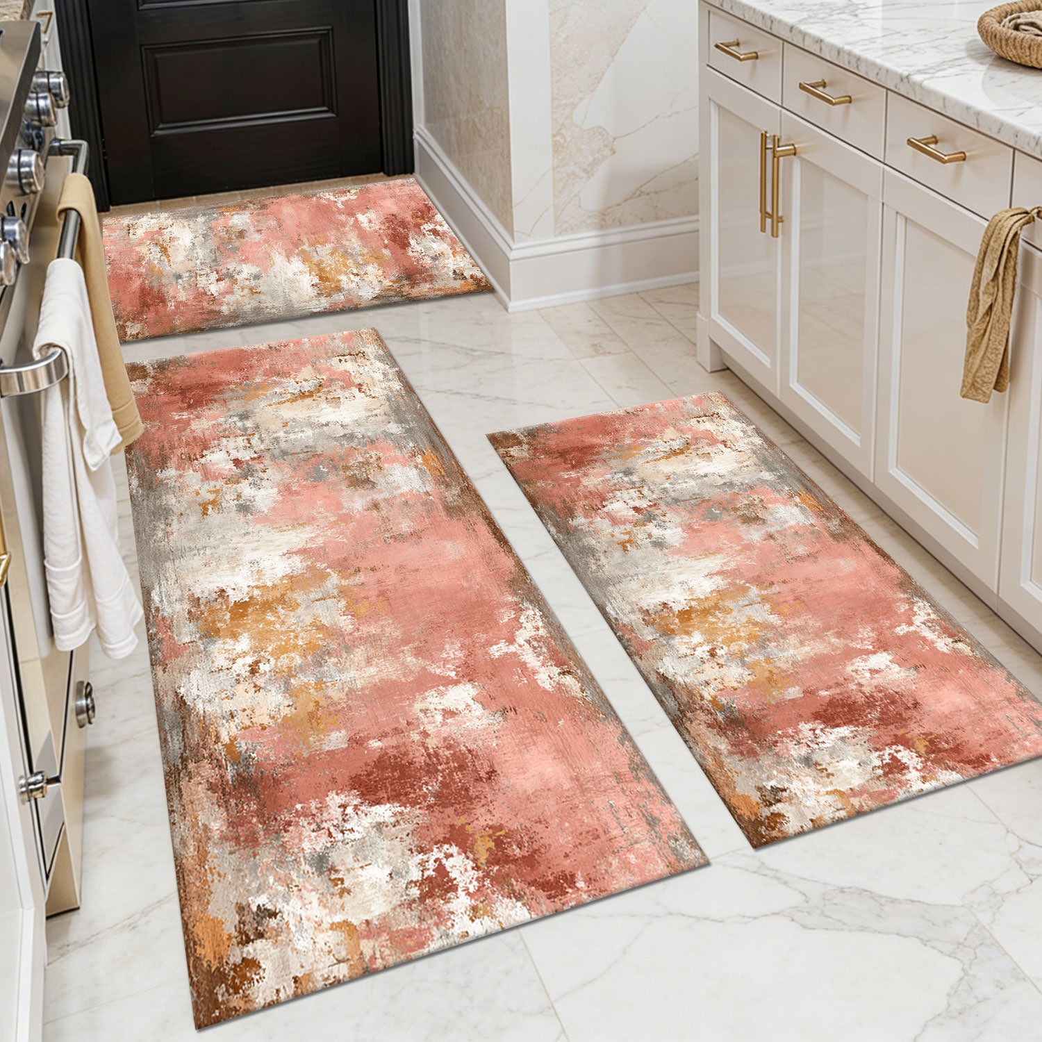 Three-piece kitchen rug set, non-slip and washable, abstract pattern kitchen hallway rug, soft and comfortable, suitable for sinks, floors, entrances, hallways and bathrooms.