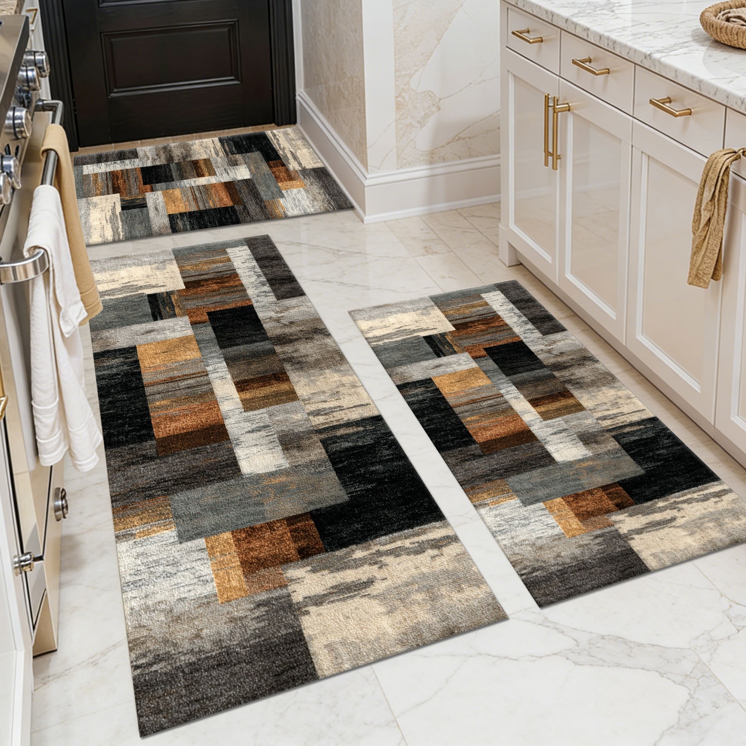 Three-piece kitchen rug set, non-slip and washable, abstract pattern kitchen hallway rug, soft and comfortable, suitable for sinks, floors, entrances, hallways and bathrooms.