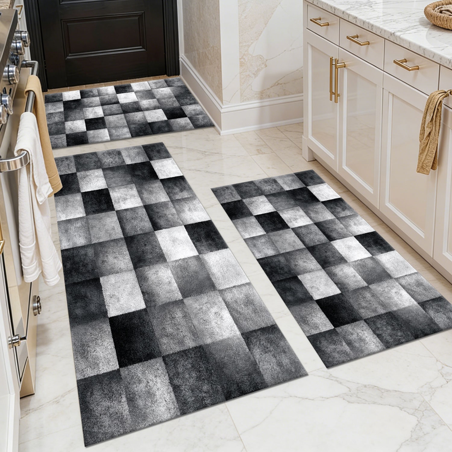 Three-piece kitchen rug set, non-slip and washable, abstract pattern kitchen hallway rug, soft and comfortable, suitable for sinks, floors, entrances, hallways and bathrooms.