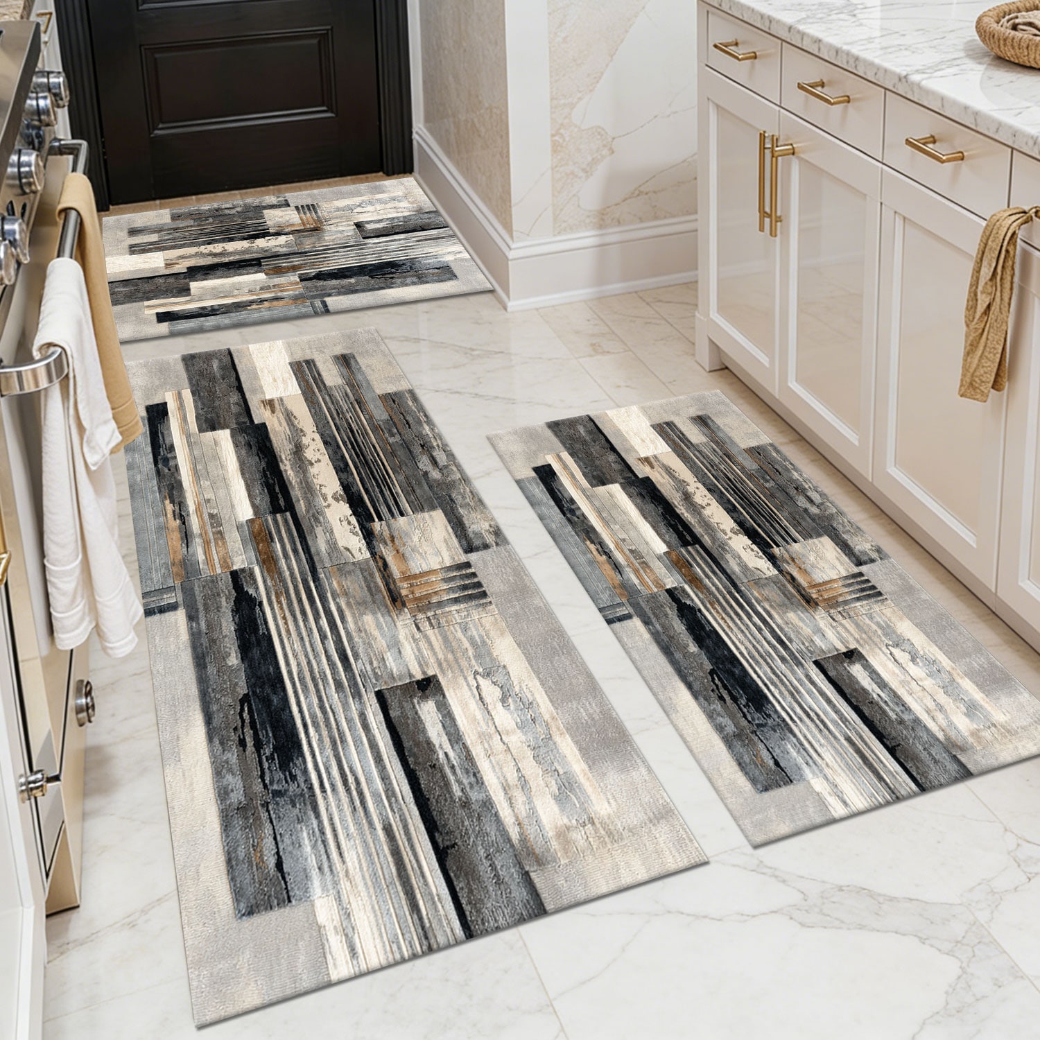 Three-piece kitchen rug set, non-slip and washable, abstract pattern kitchen hallway rug, soft and comfortable, suitable for sinks, floors, entrances, hallways and bathrooms.