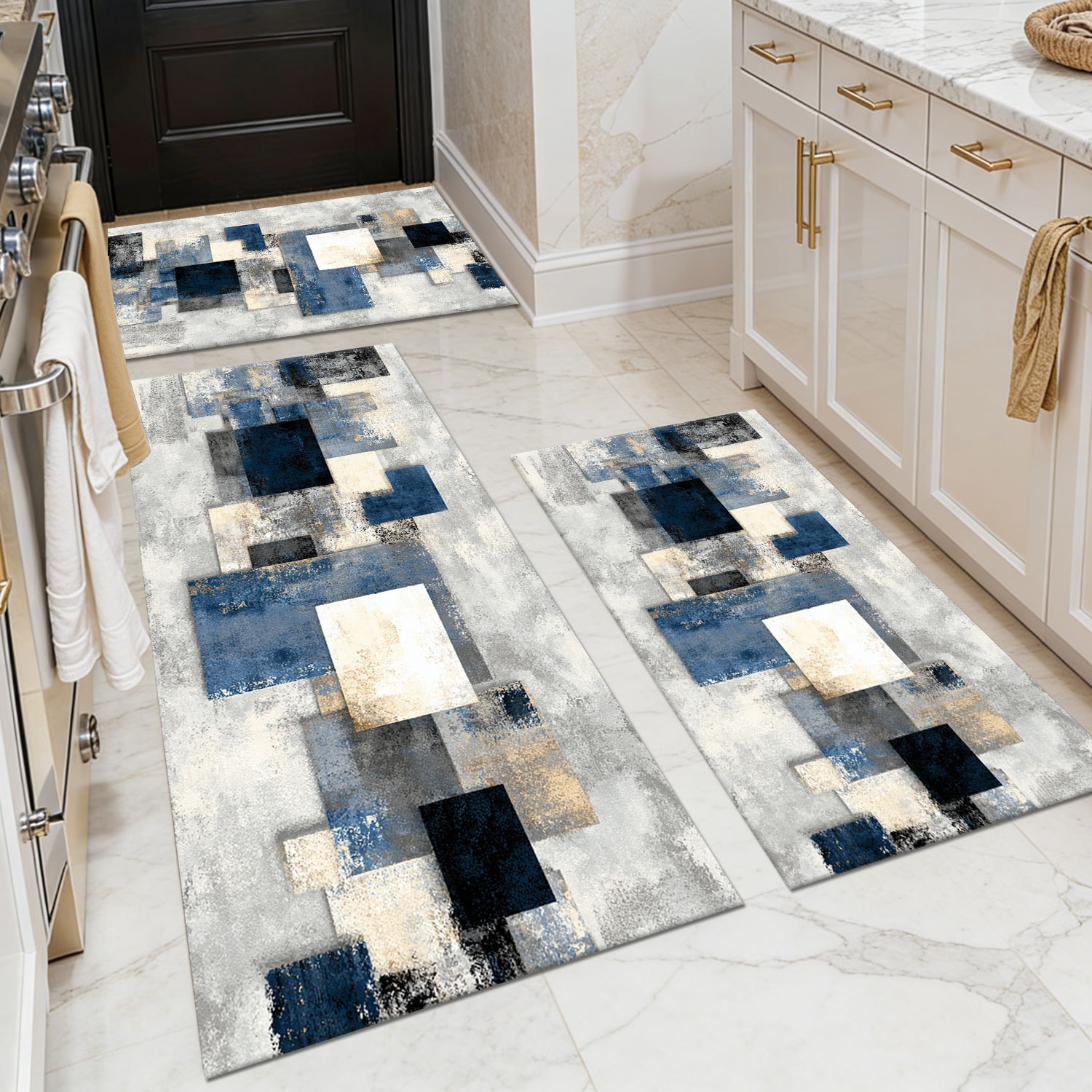 Three-piece kitchen rug set, non-slip and washable, abstract pattern kitchen hallway rug, soft and comfortable, suitable for sinks, floors, entrances, hallways and bathrooms.