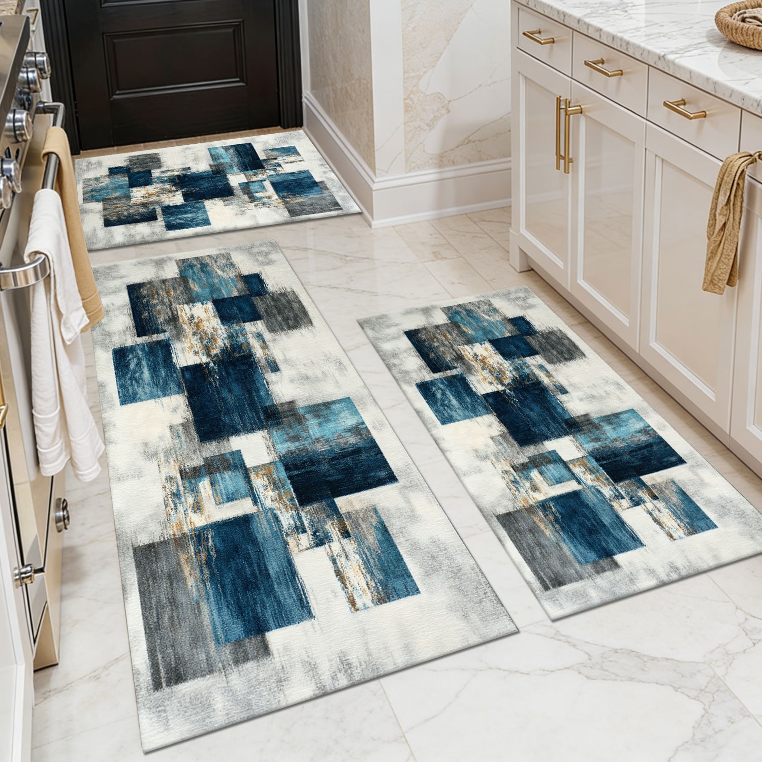 Three-piece kitchen rug set, non-slip and washable, abstract pattern kitchen hallway rug, soft and comfortable, suitable for sinks, floors, entrances, hallways and bathrooms.